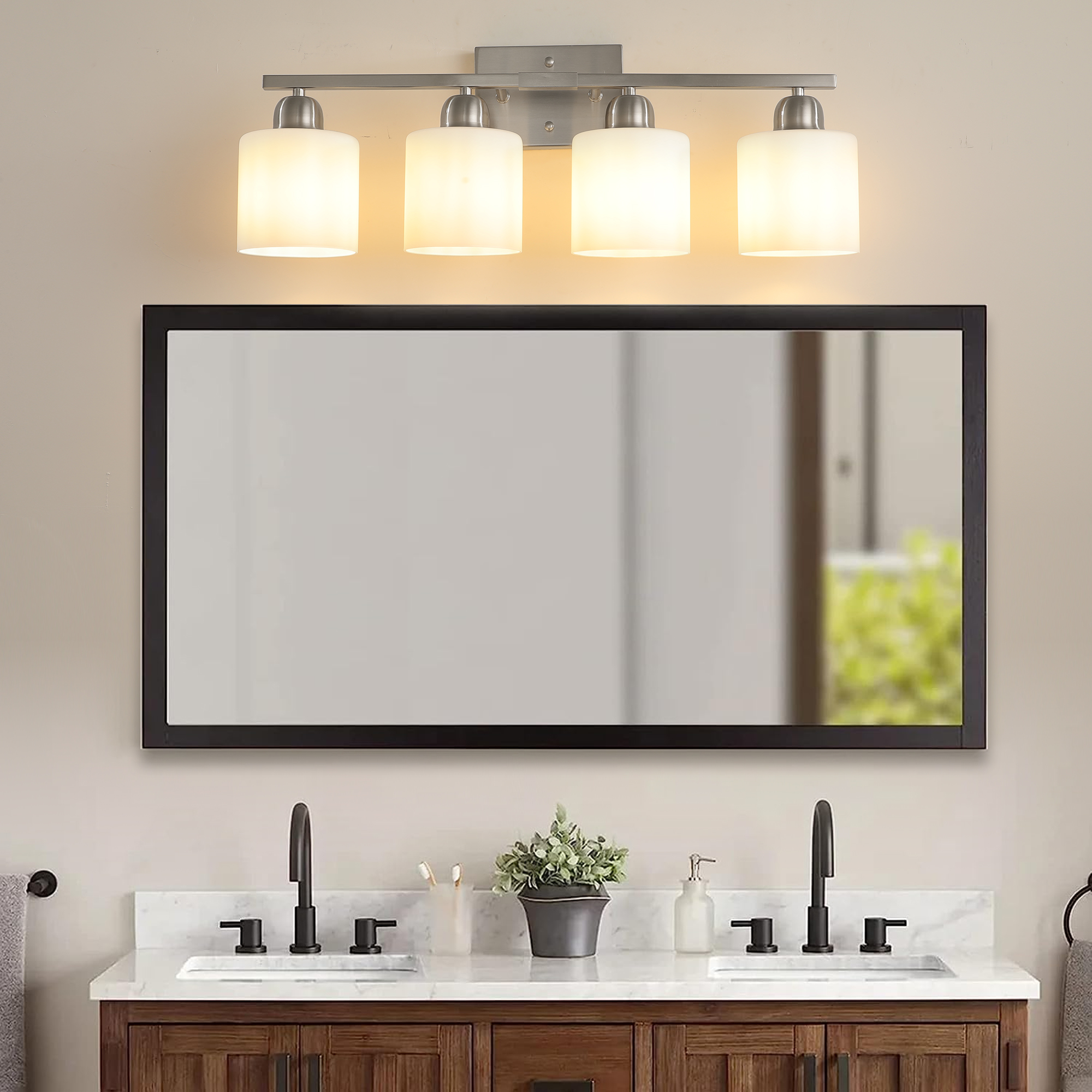 Brushed Nickel Bathroom Light Fixtures, 4-Light Modern Vanity Light Over Mirror, Wall Sconces with Milky White Frosted Glass Shades, E26 Socket (Bulbs Not Included)