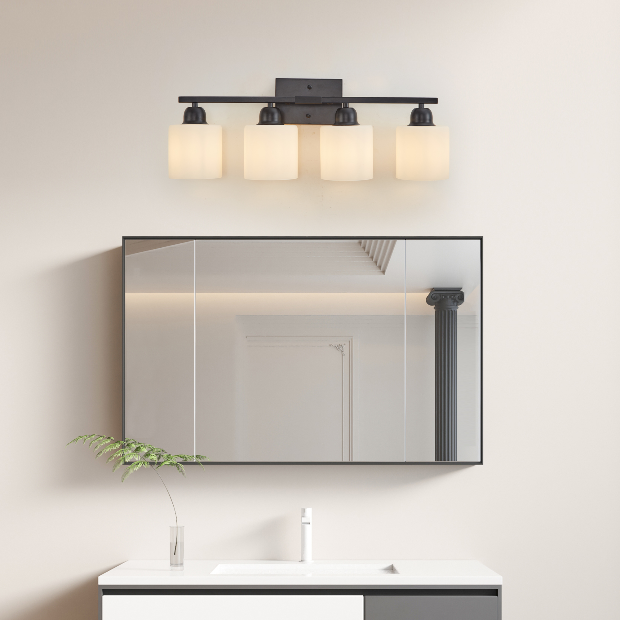 Black Bathroom Light Fixtures, 4-Light Modern Vanity Light Over Mirror, Wall Sconces with Milky White Frosted Glass Shades, E26 Socket (Bulbs Not Included)