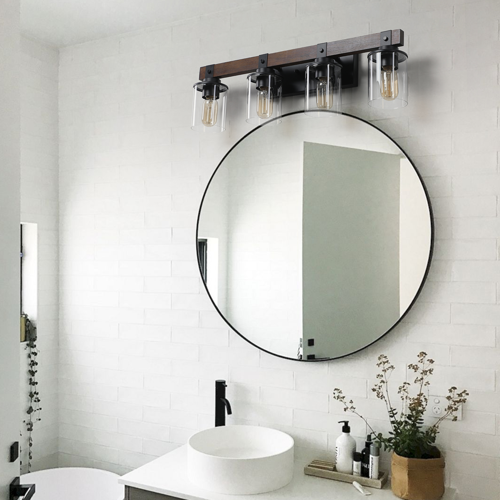 27" Rustic 4-Light Vanity Light, Industrial Bathroom Wall Sconce with Glass Shades and Wood Accent, Modern Farmhouse Lighting Fixture (No Bulbs)