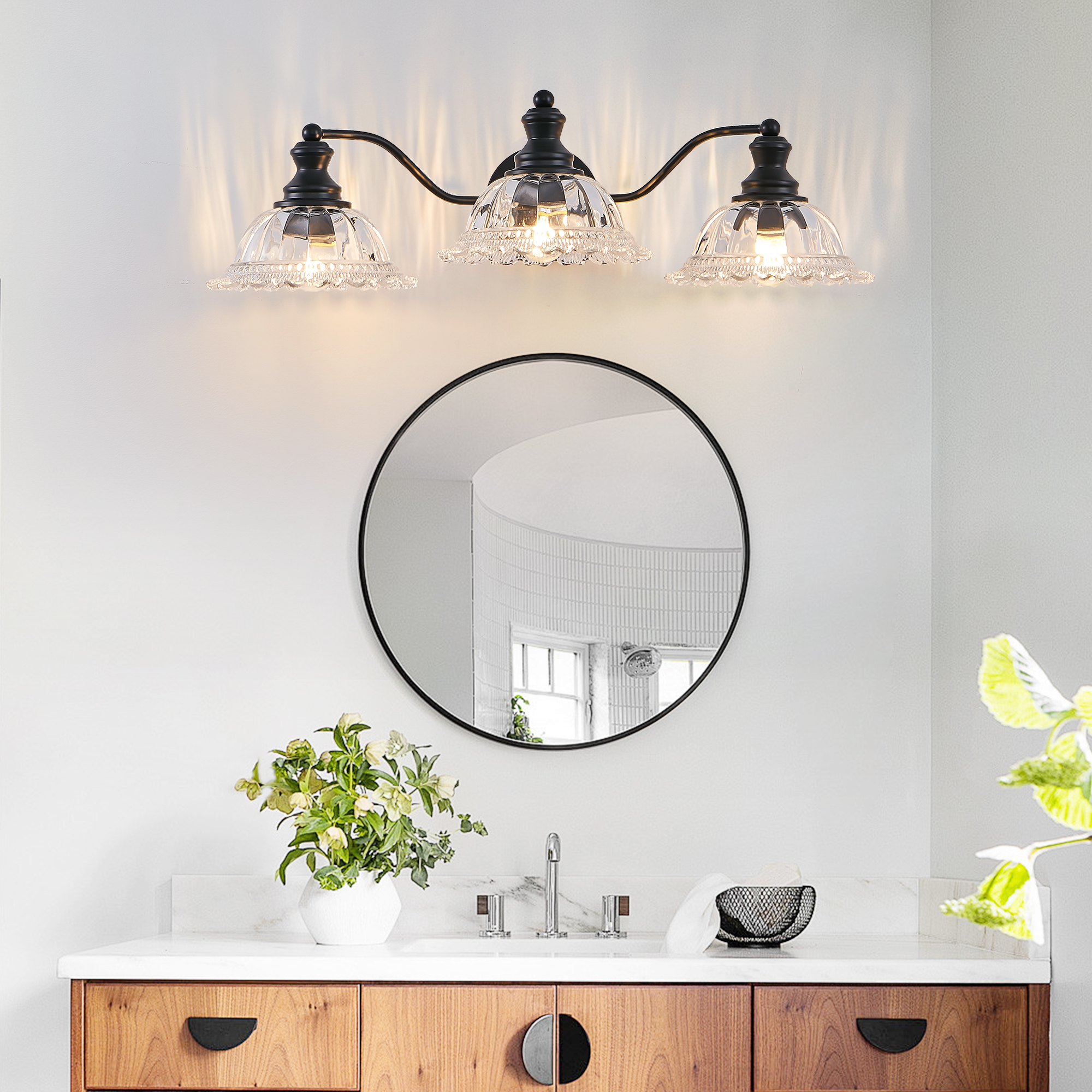 24 Inch 3-Light Vintage Bathroom Wall Sconce – Elegant Black Metal and Glass Lampshade Vanity Light Fixture for Bathroom, Hallway, or Bedroom (Bulb Not Included)
