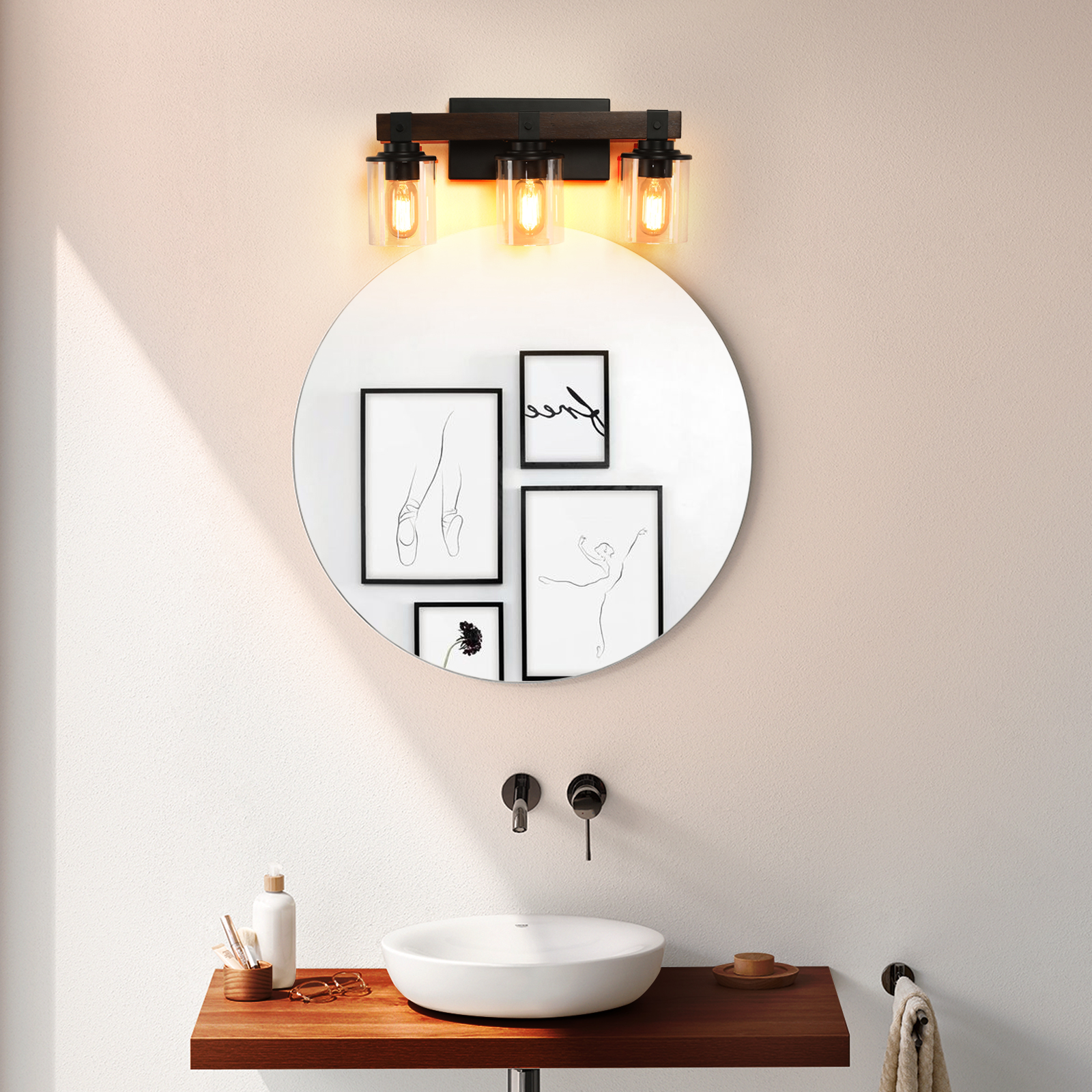 19" Rustic 3-Light Vanity Light, Industrial Bathroom Wall Sconce with Glass Shades and Wood Accent, Modern Farmhouse Lighting Fixture (No Bulbs)