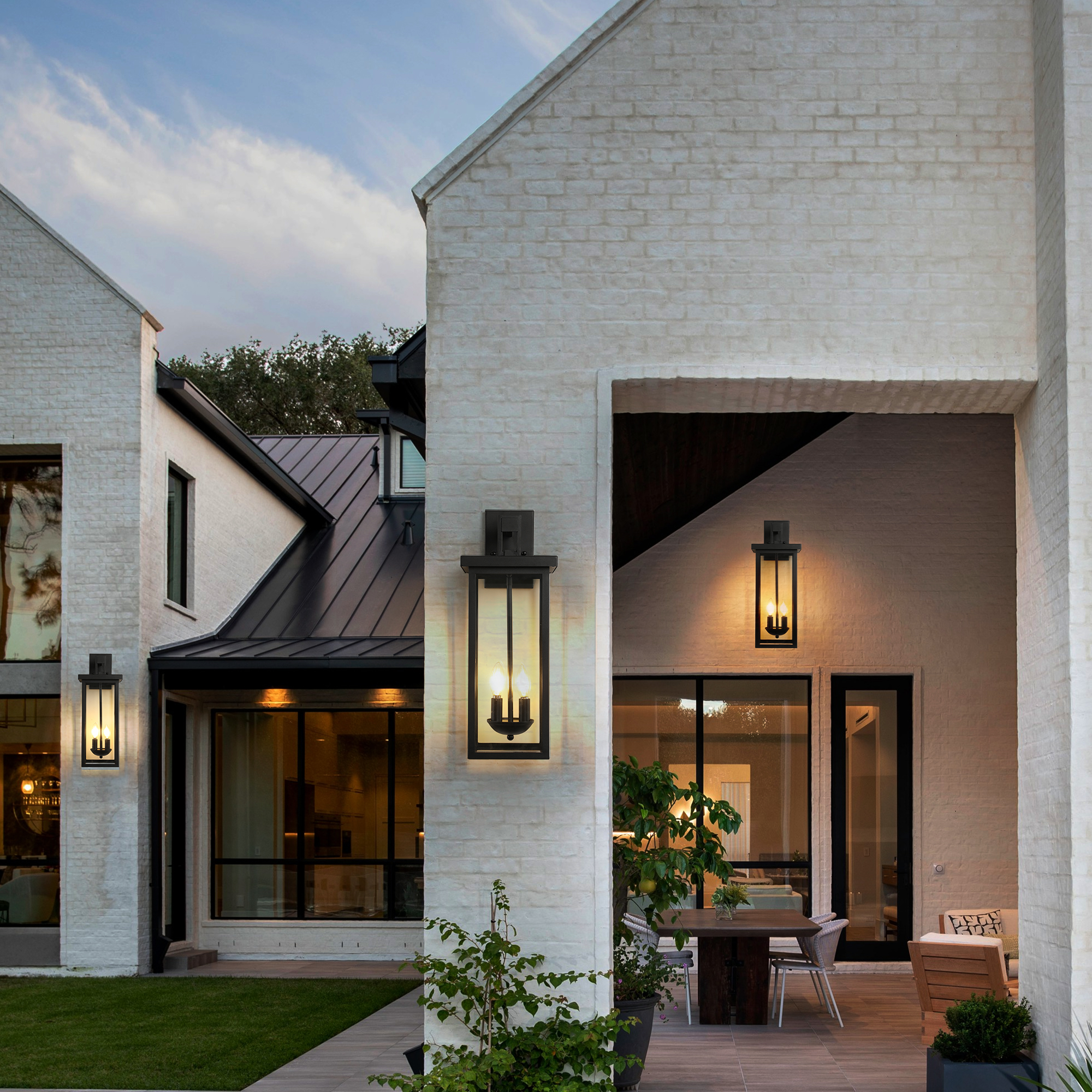 1-Pack 22.0" Outdoor Wall Lantern with Dusk to Dawn Sensor, Matte Black Finish, Clear Glass Panels, Weatherproof Exterior Light for Porch, Patio, Garage, 2-Light Design (Bulb Not Included)