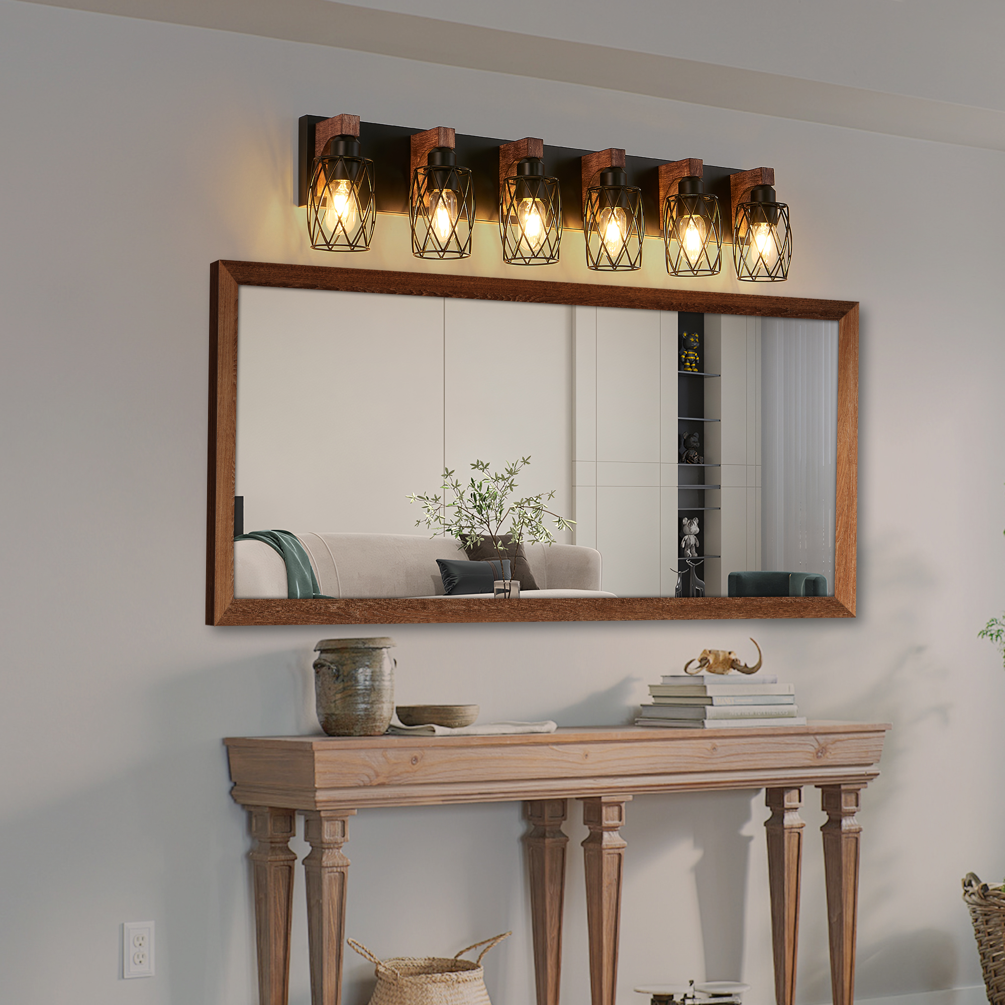 38" Industrial Vintage 6-Light Wall Sconce - Black Cage Wall Lighting Fixture with Wooden Accents for Bathroom, Hallway, or Living Room (Bulb Not Included)