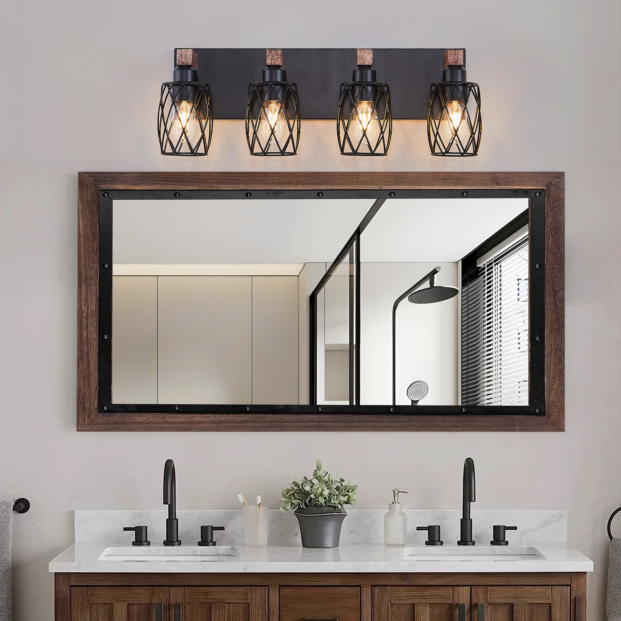 24" Industrial Vintage 4-Light Wall Sconce - Black Cage Wall Lighting Fixture with Wooden Accents for Bathroom, Hallway, or Living Room (Bulb Not Included)