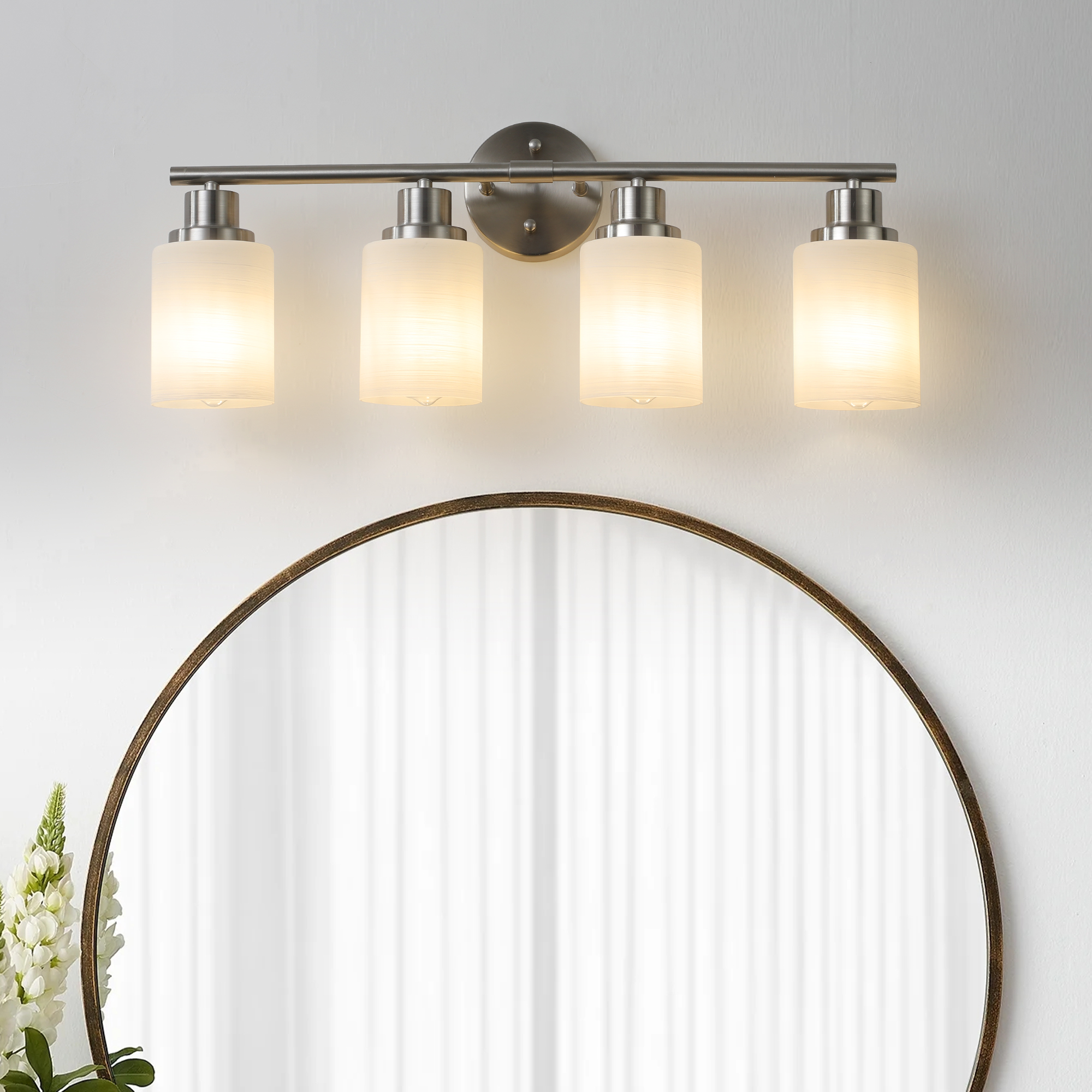 24" Modern 4-Light Vanity Wall Sconce, Brushed Nickel Finish with Frosted Glass Shades for Bathroom or Hallway Lighting (No Bulbs)