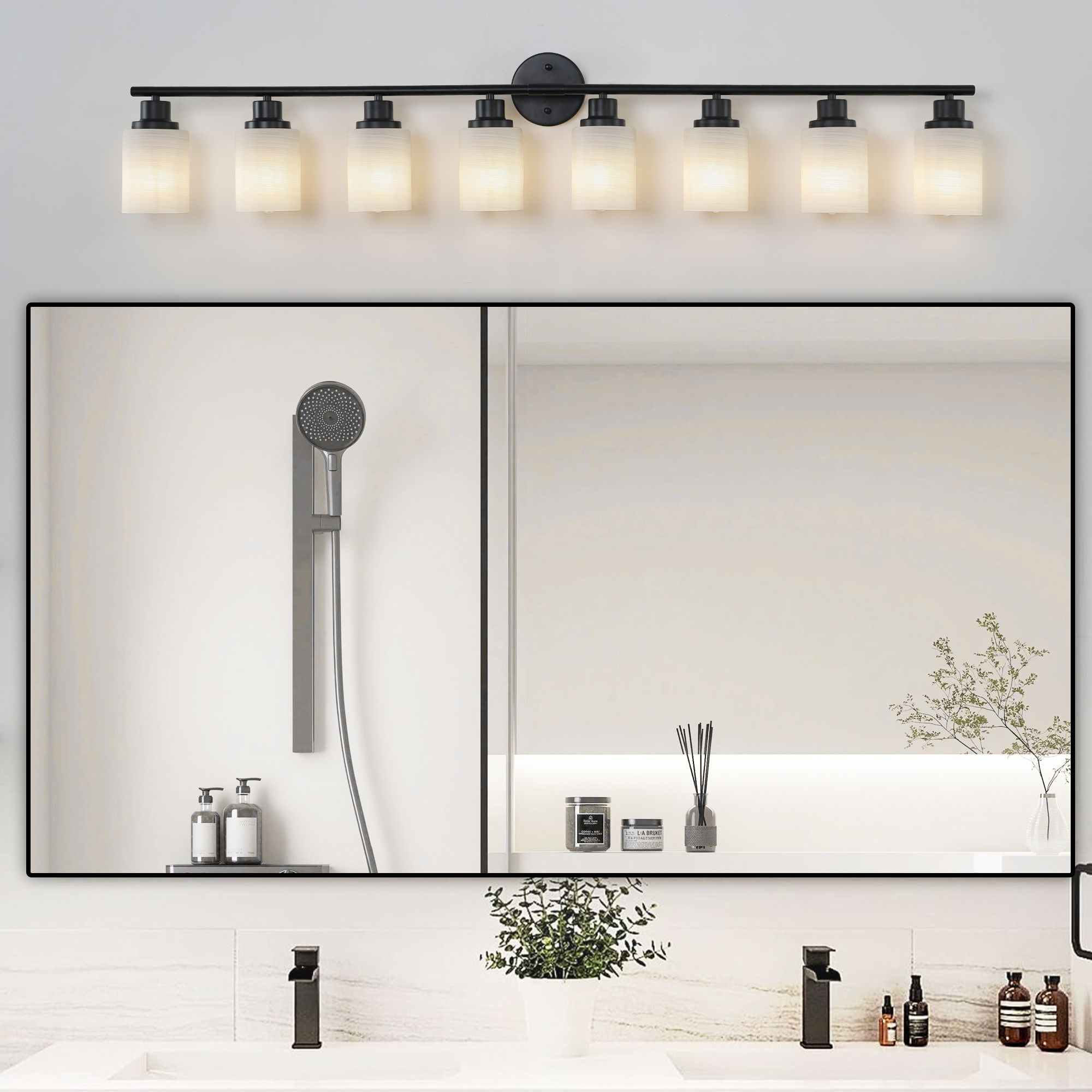 52" Modern 8-Light Vanity Bathroom Mirror Light, Frosted White Glass with Black Iron Frame, Contemporary Wall Sconce for Bedroom, Bathroom, and Dressing Room (Bulb Not Included)