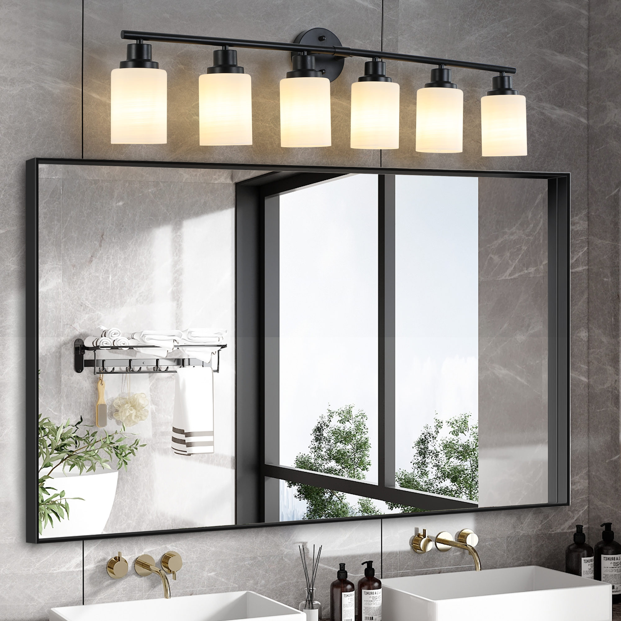 39" Modern 6-Light Vanity Bathroom Mirror Light, Frosted White Glass with Black Iron Frame, Contemporary Wall Sconce for Bedroom, Bathroom, and Dressing Room (No Bulbs)