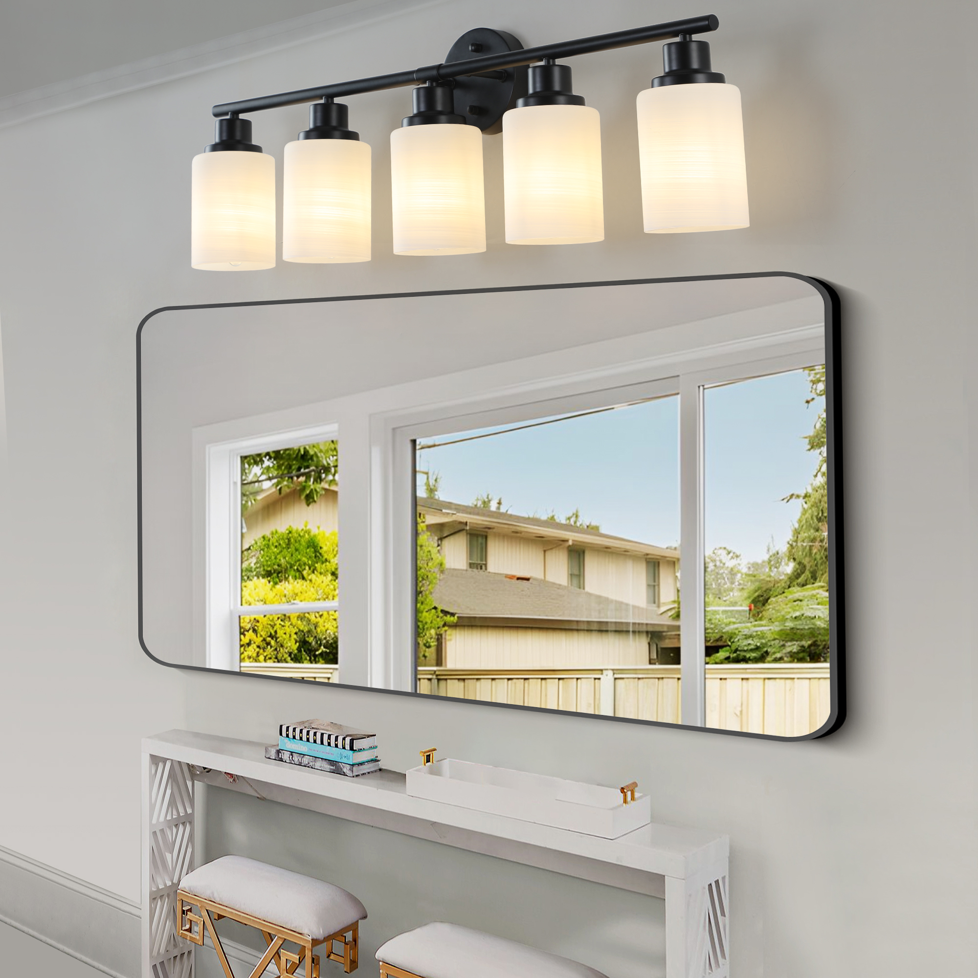 31" Modern 5-Light Vanity Bathroom Mirror Light, Frosted White Glass with Black Iron Frame, Contemporary Wall Sconce for Bedroom, Bathroom, and Dressing Room (Bulb Not Included)