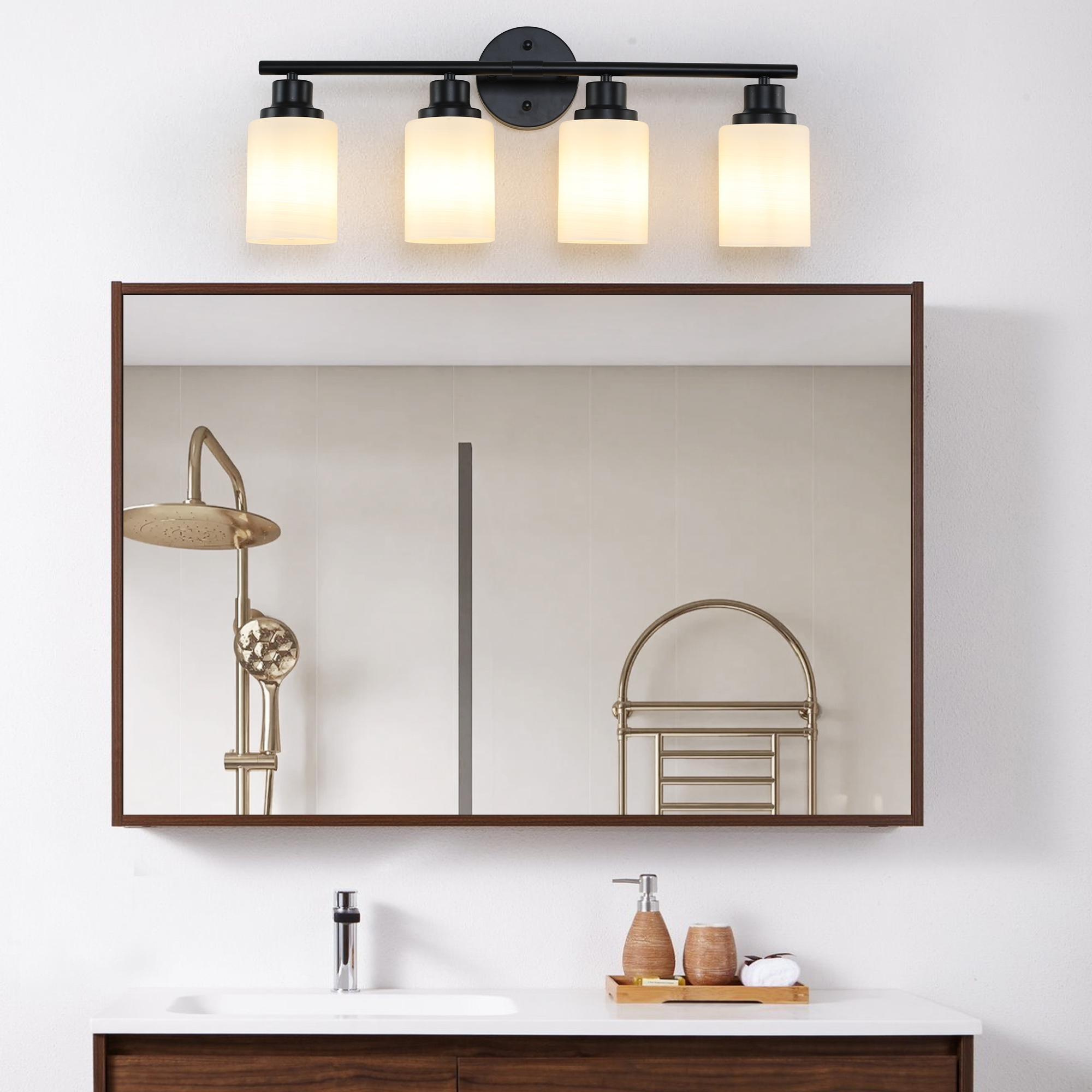 24" Modern 4-Light Vanity Bathroom Mirror Light, Frosted White Glass with Black Iron Frame, Contemporary Wall Sconce for Bedroom, Bathroom, And Dressing Room (Bulb Not Included)