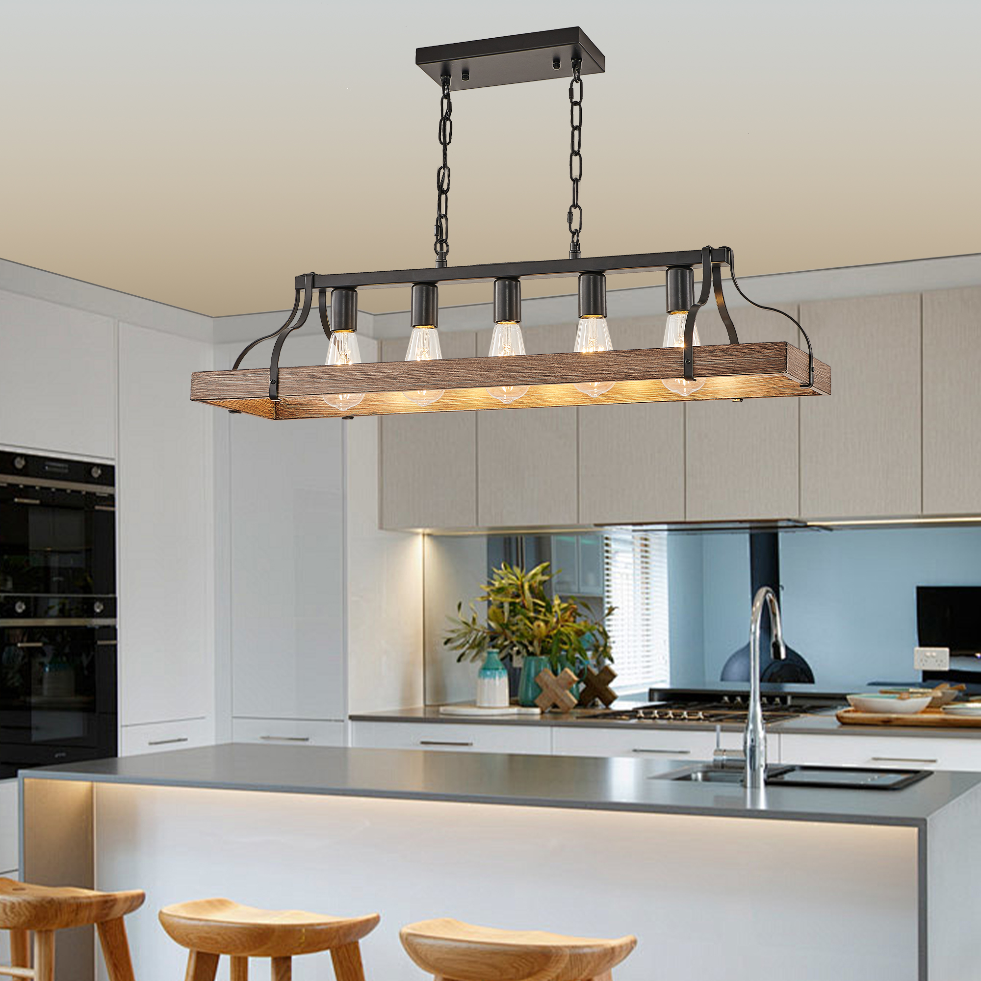 34-Inch Black and Walnut Wood Grain Pendant Light, 5 E26 Bulb Sockets, Adjustable Chain Height – Modern Farmhouse Chandelier for Dining Room, Kitchen, or Living Room (Bulb Not Included)