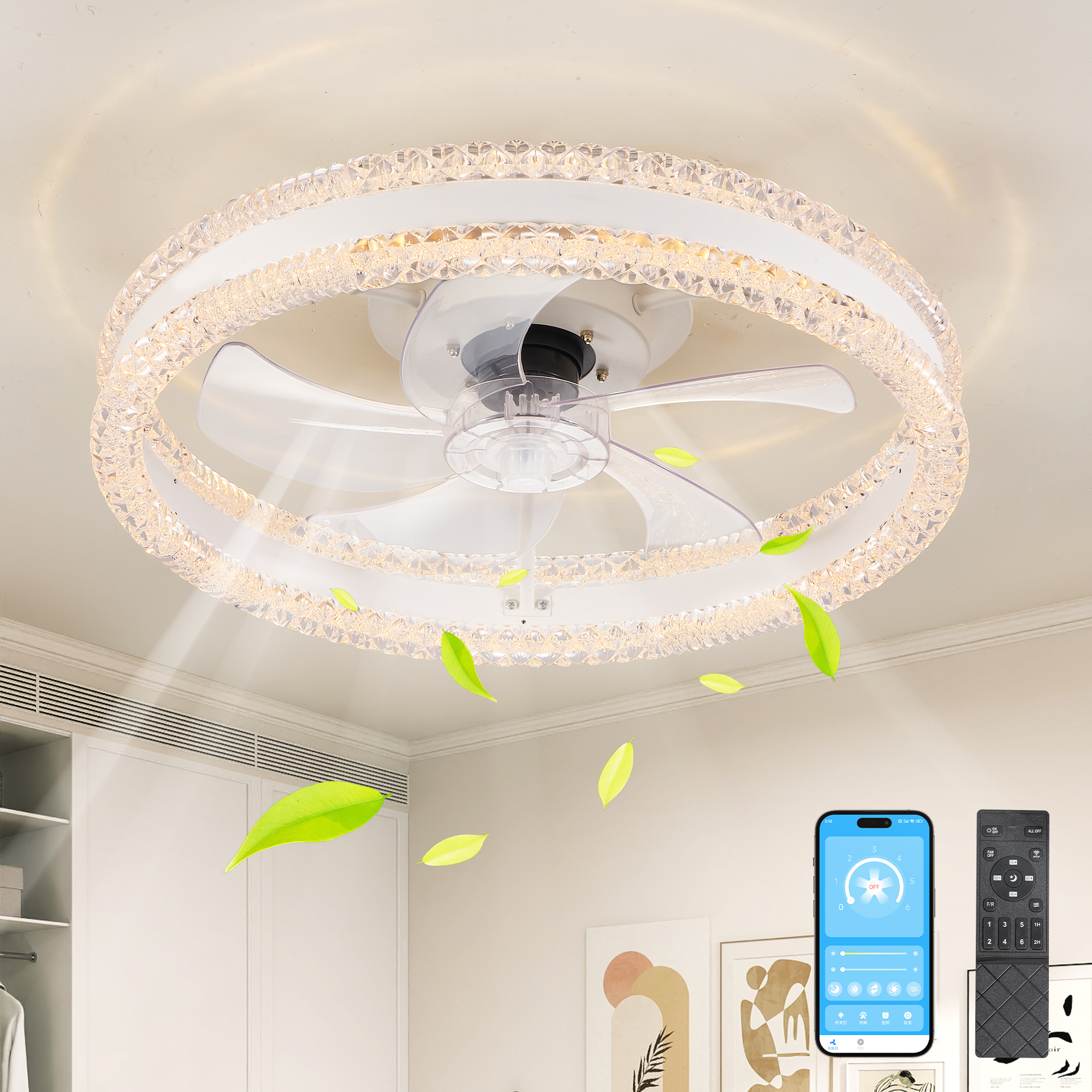 20" Luxury Double Ring LED Ceiling Fan with Light – Modern Flush Mount Design, Hidden Blades, Dimmable Lighting & Remote Control, Low Profile Silent Fan for Bedroom, Living Room (White)