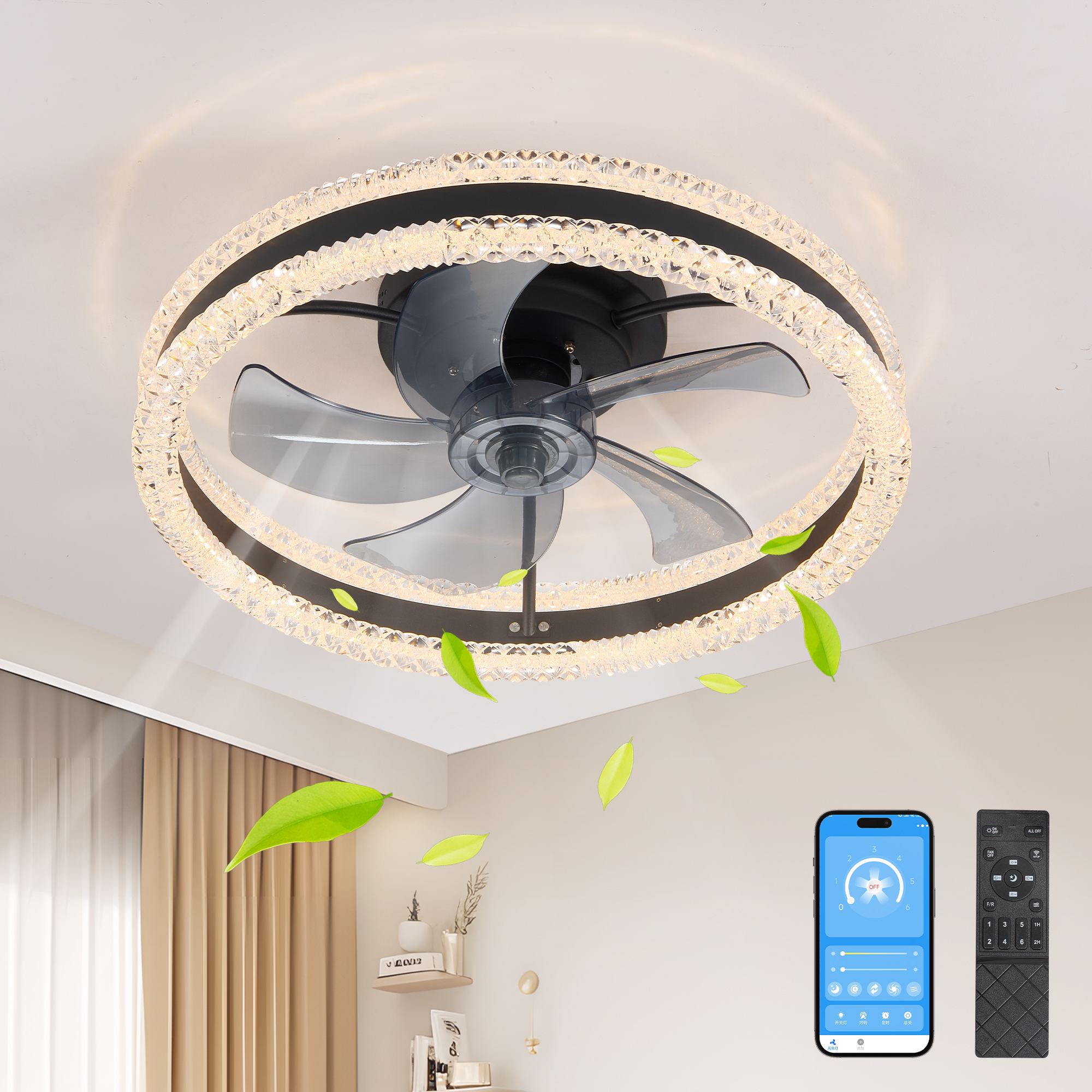 20" Luxury Double Ring LED Ceiling Fan with Light – Modern Flush Mount Design, Hidden Blades, Dimmable Lighting & Remote Control, Low Profile Silent Fan for Bedroom, Living Room (Black)