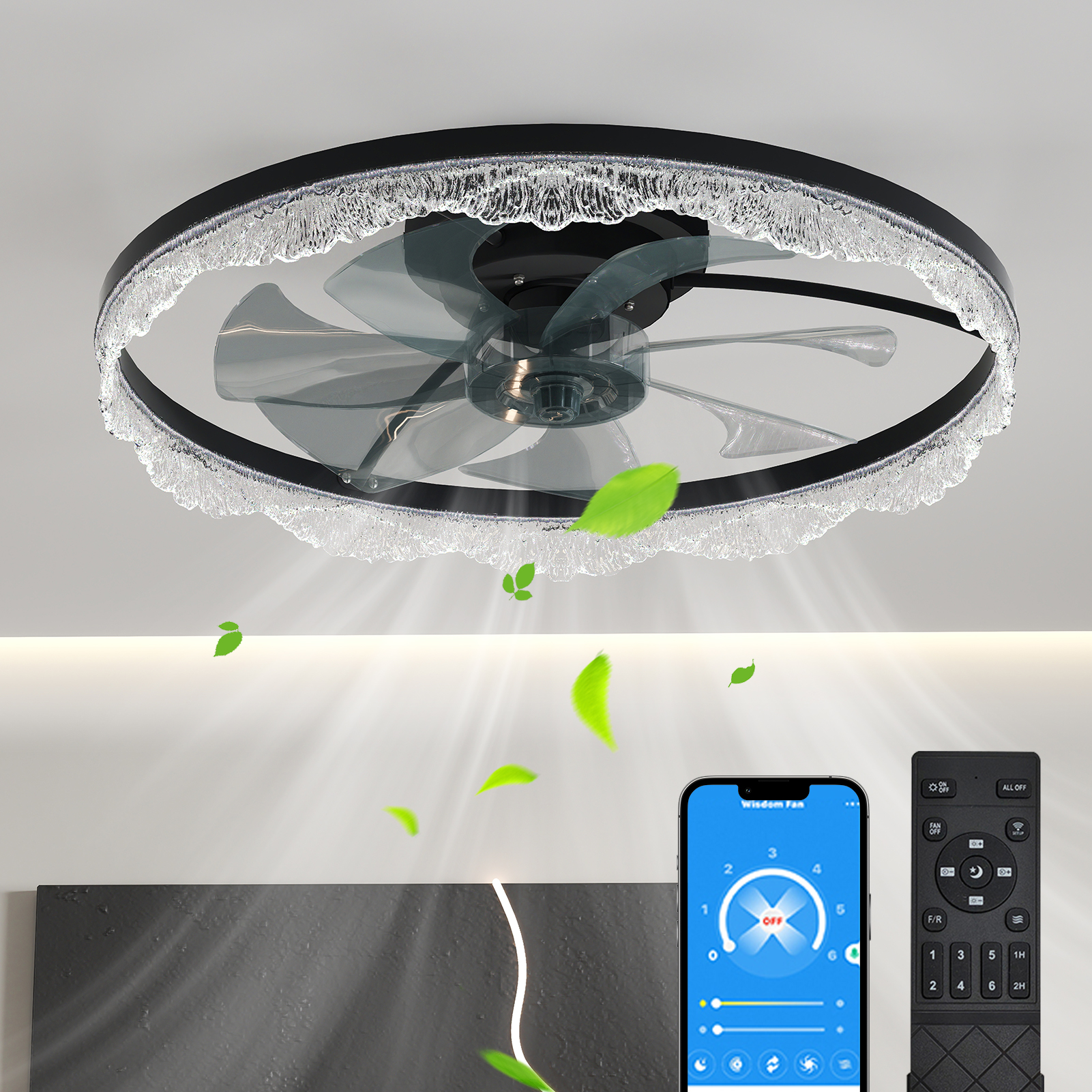 24" Decorative LED Ceiling Fan Light – Modern Flush Mount with Acrylic Ring, Hidden Blades, Remote Control, and Dimmable Light for Stylish Homes (Black)