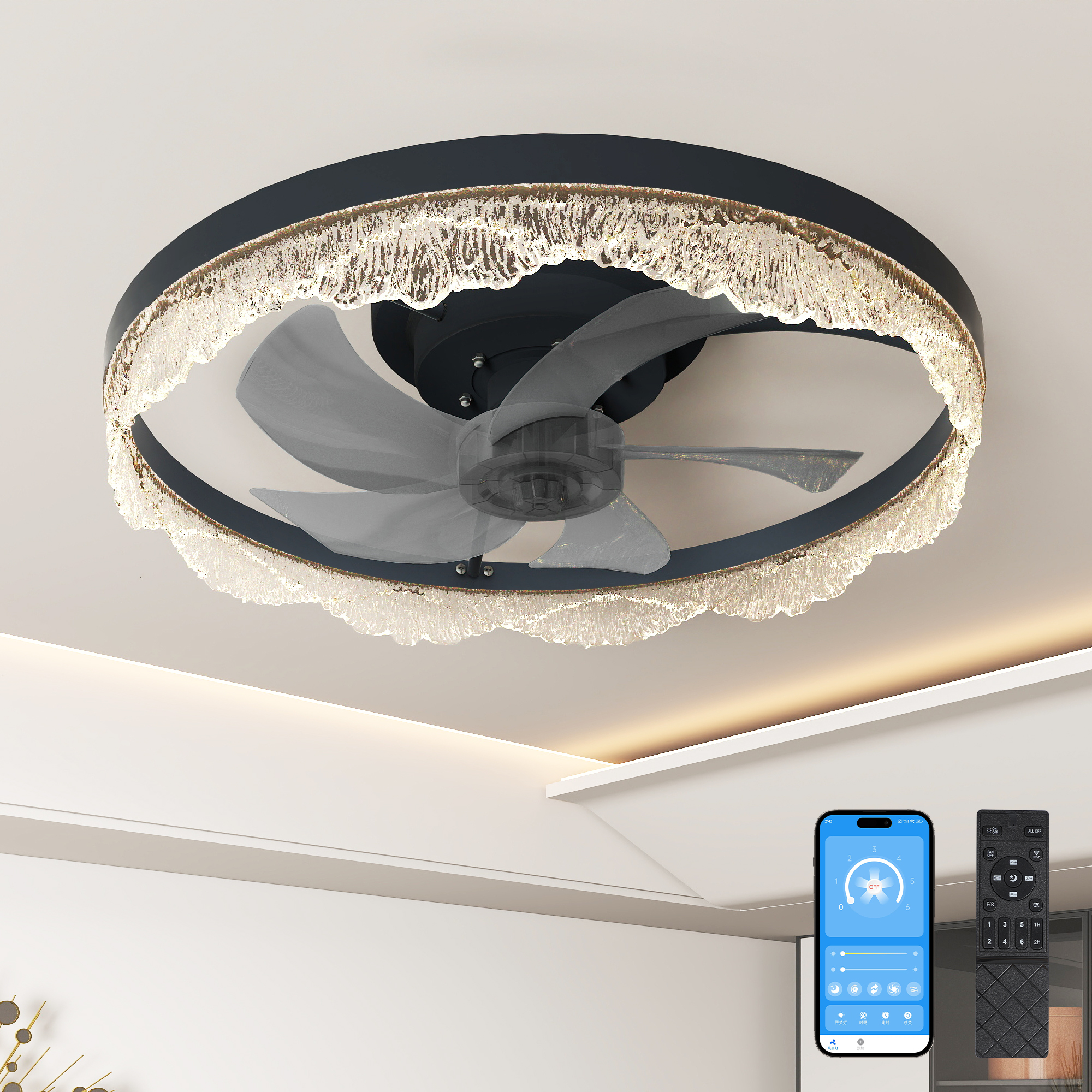 20" Decorative LED Ceiling Fan Light – Modern Flush Mount with Acrylic Ring, Hidden Blades, Remote Control, and Dimmable Light for Stylish Homes (Black)