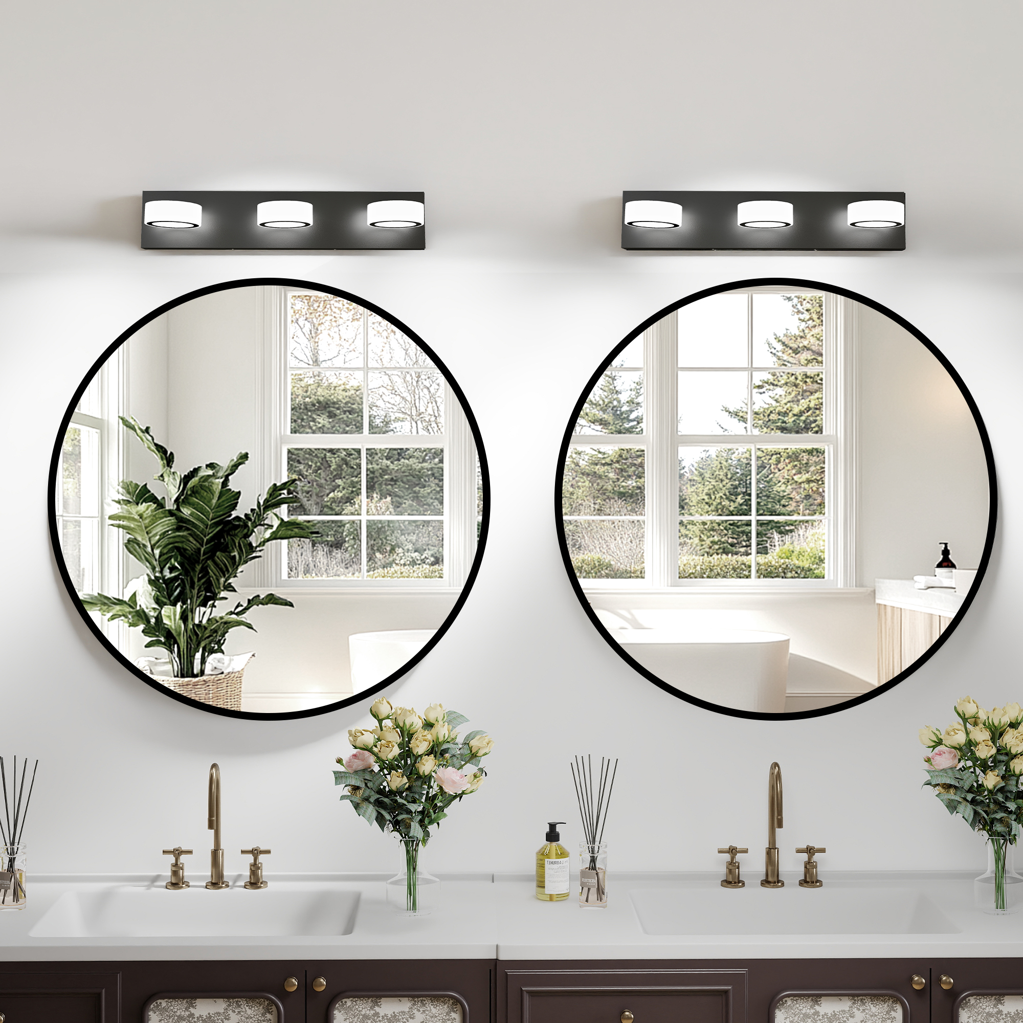 LED 21 Inch Vanity Light White Round Acrylic 3 Light with Black Base Bathroom Wall Lighting Fixture