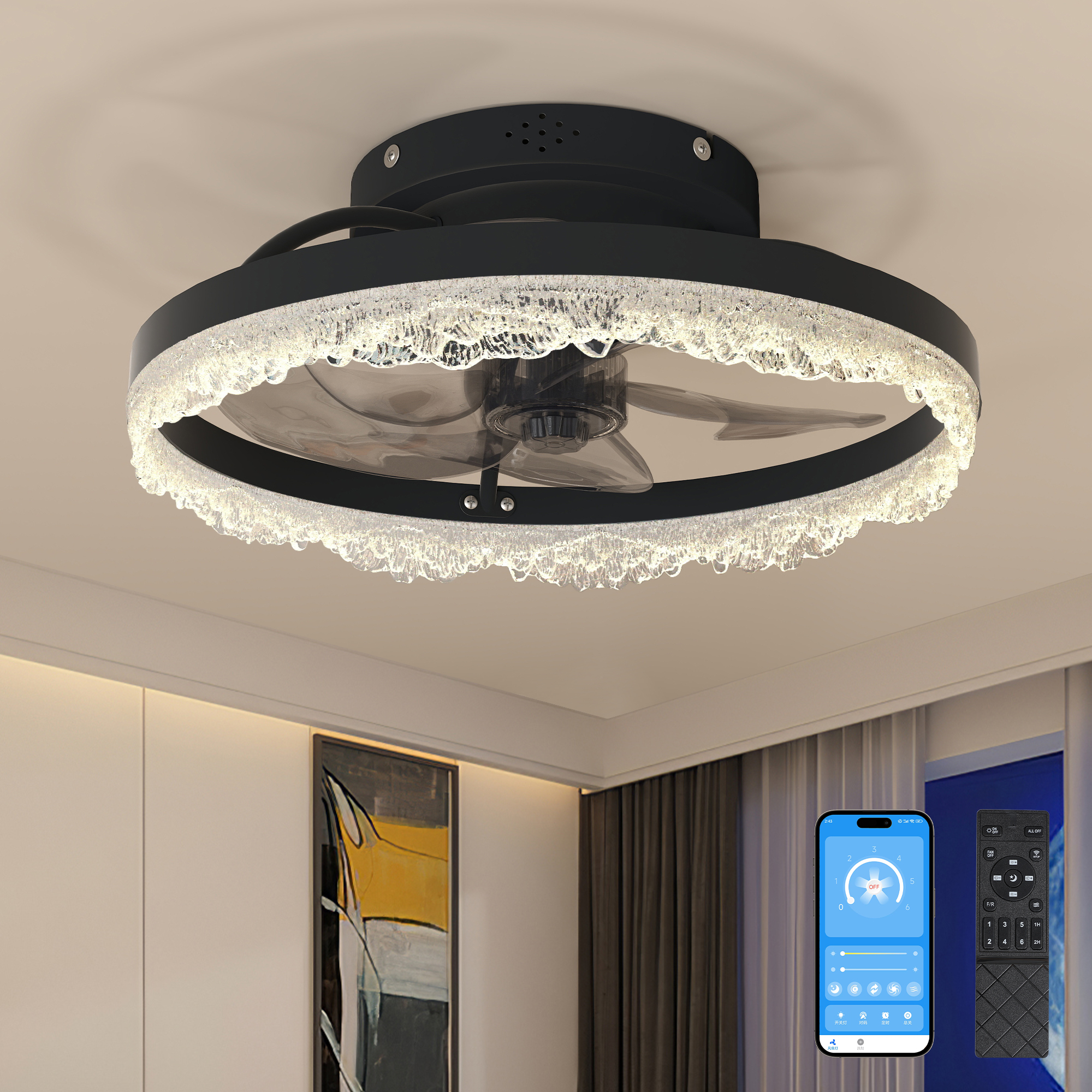 16" Decorative LED Ceiling Fan Light – Modern Flush Mount with Crystal-Inspired Acrylic Ring, Hidden Blades, Remote Control, and Dimmable Light for Stylish Homes (Black)