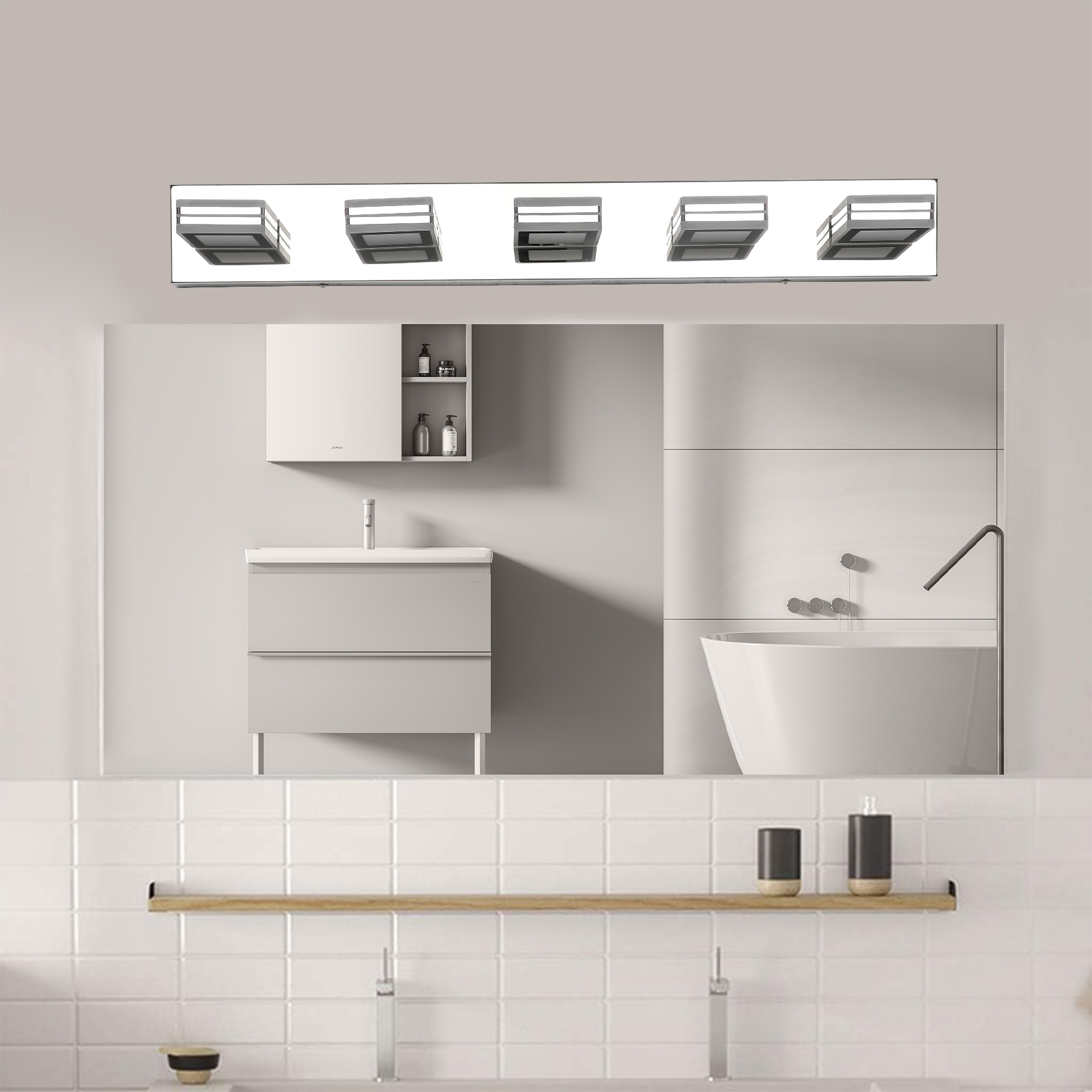 32" Modern Chrome 5-Light LED Vanity Light, Square Acrylic Lampshades Wall Mount Fixture for Bathroom, Mirror Lighting