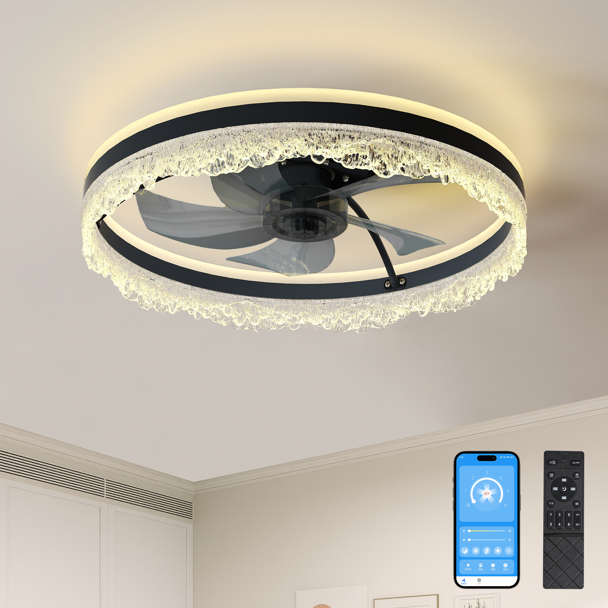 20" Smart Silent Ceiling Fan with Light – Crystal Flush Mount LED Fan Lamp with Hidden Blades and Natural Airflow System, Designed for Bedroom, Kids' Room and Study