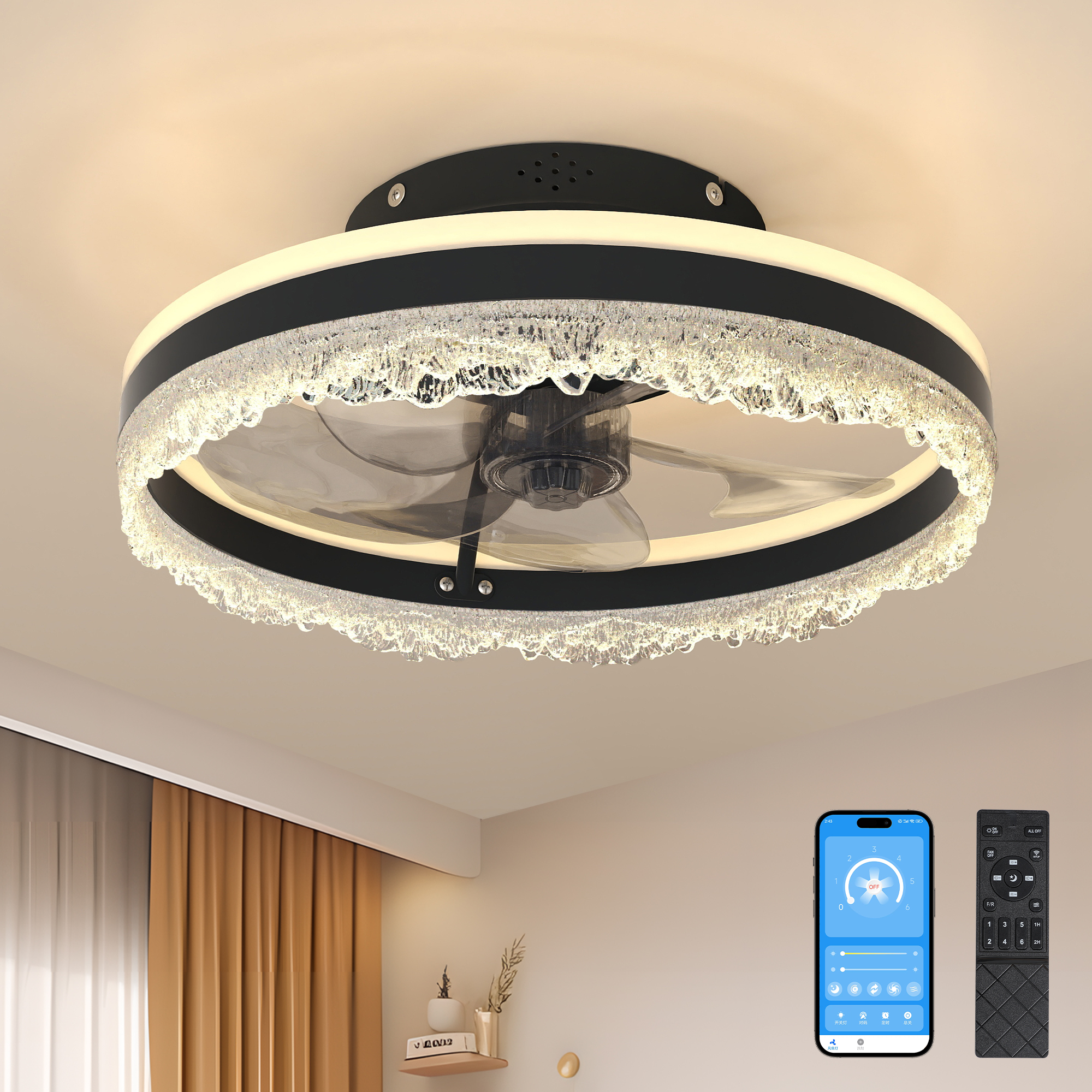16" Quiet Ceiling Fan with Light – LED Crystal Flush Mount Fan Lamp with Hidden Blades and Natural Airflow, Perfect for Bedroom, Kids Room, Study Room