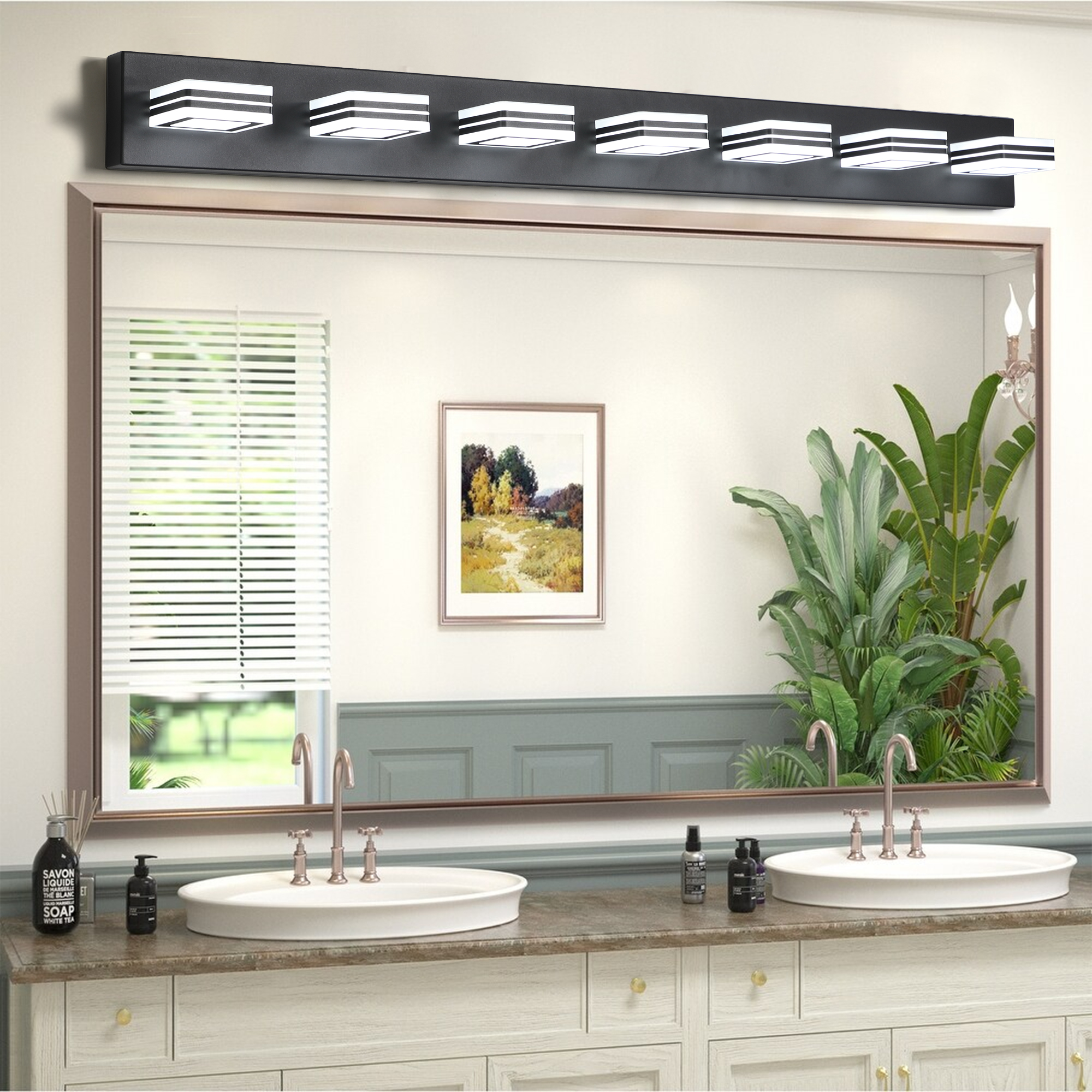 45" Modern Black 7-Light LED Vanity Light, Square Acrylic Lampshades Wall Mount Fixture for Bathroom, Mirror Lighting