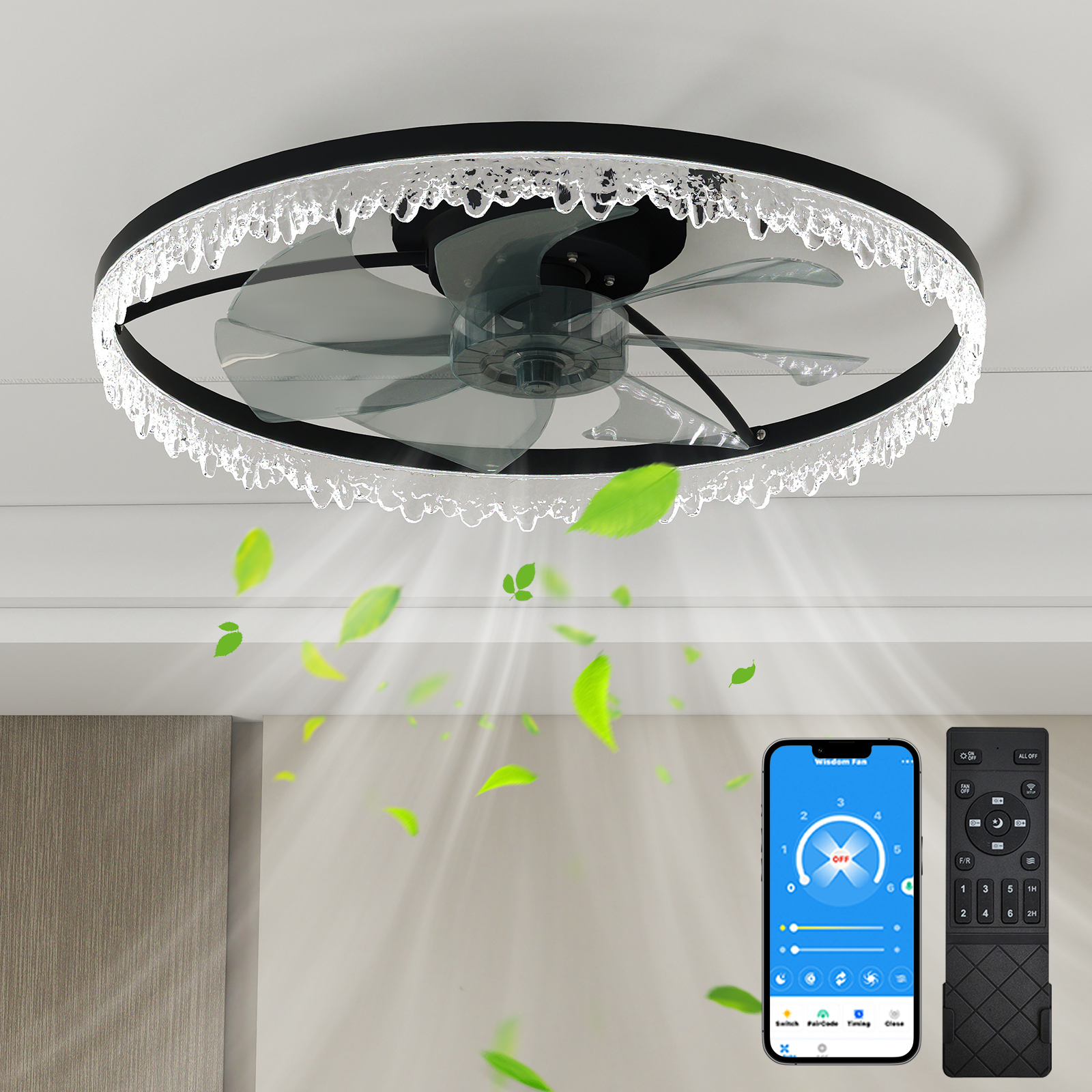 Luxury Crystal Ceiling Fan with Lights – 24'' Flush Mount LED Chandelier Fan with 5 Invisible Blades, Remote & Timer, Bright Dimmable Lighting for Bedroom, Living Room, Dining Room