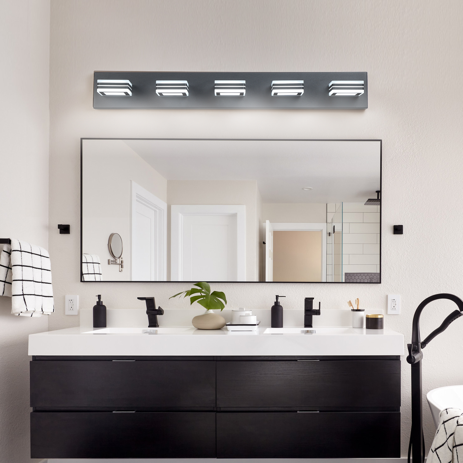 32" Modern Black 5-Light LED Vanity Light, Square Acrylic Lampshades Wall Mount Fixture for Bathroom, Mirror Lighting