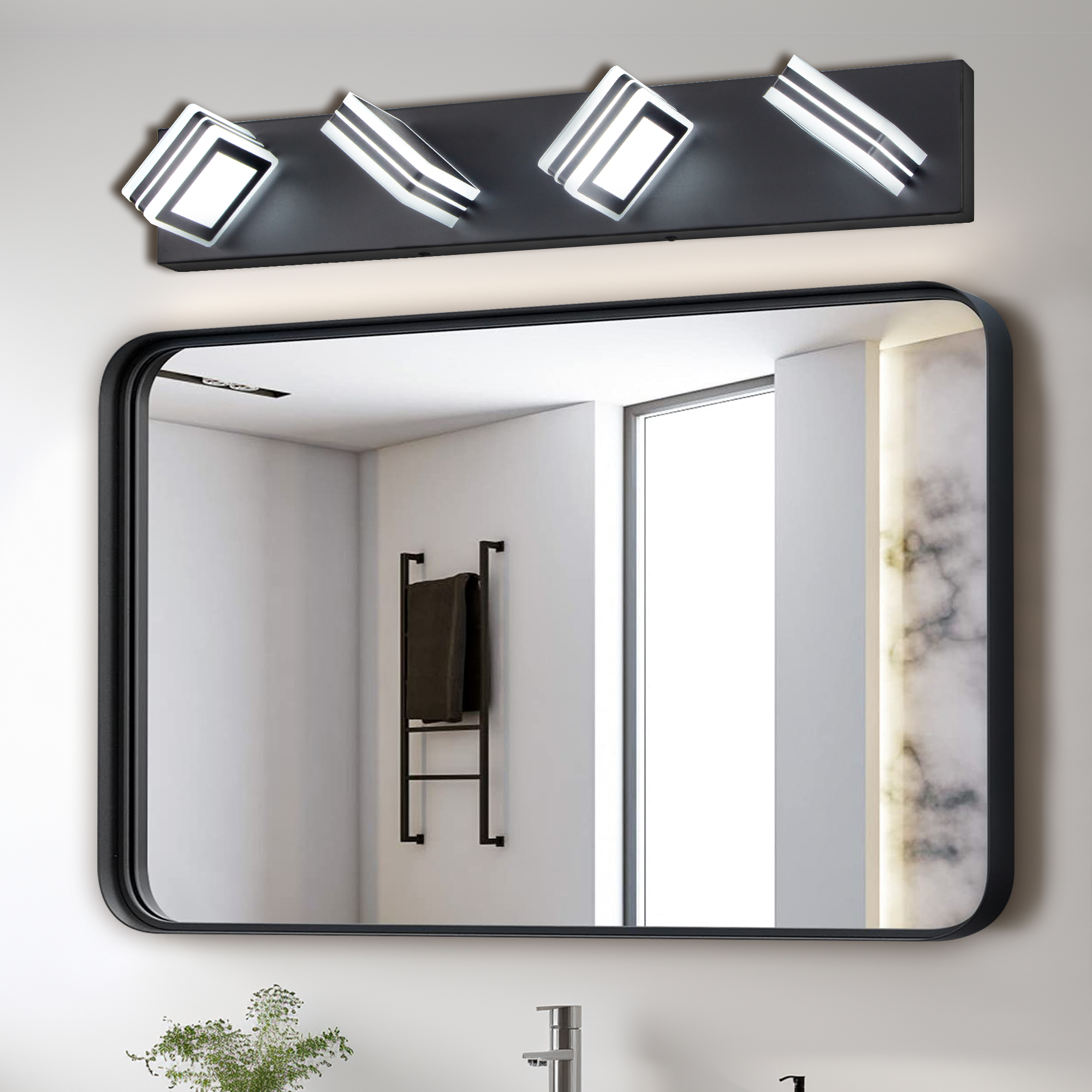 26" Modern Black 4-Light LED Vanity Light, Square Acrylic Lampshades Wall Mount Fixture for Bathroom, Mirror Lighting