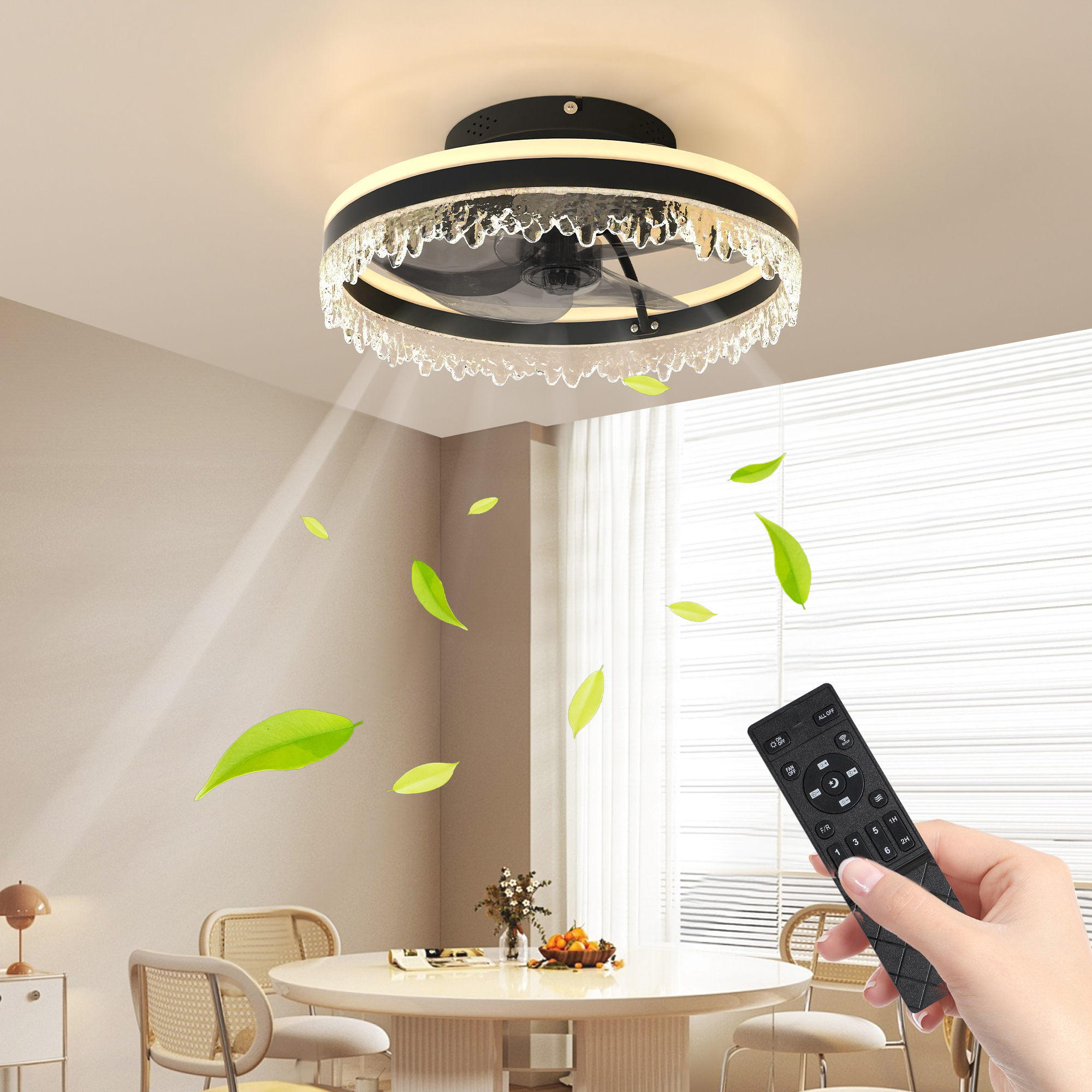 Modern LED Ceiling Fan with Light – 16'' Dimmable Ceiling Light with Invisible Blades and Crystal Design, Remote Control & Adjustable Color Temperature, Quiet Fan for Bedroom, Living Room,Black