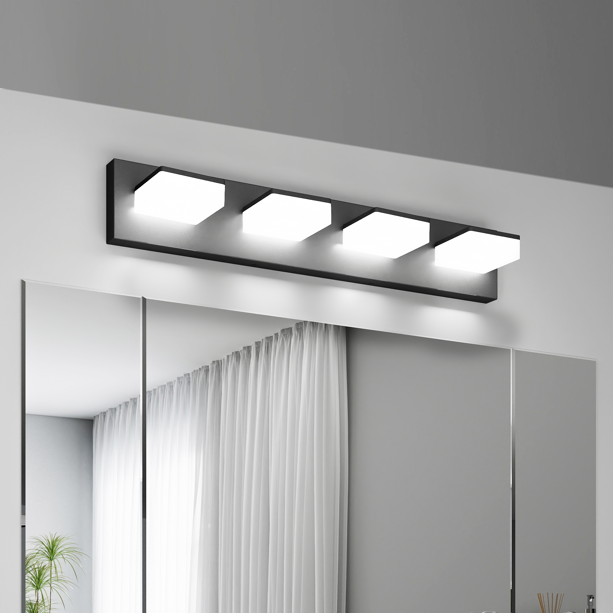 LED Modern Bathroom Vanity Light Fixtures (4-Light, 25-Inch), Matte Black Modern Acrylic Bathroom Wall Lighting Fixtures Over Mirror (Cool White 6000K)