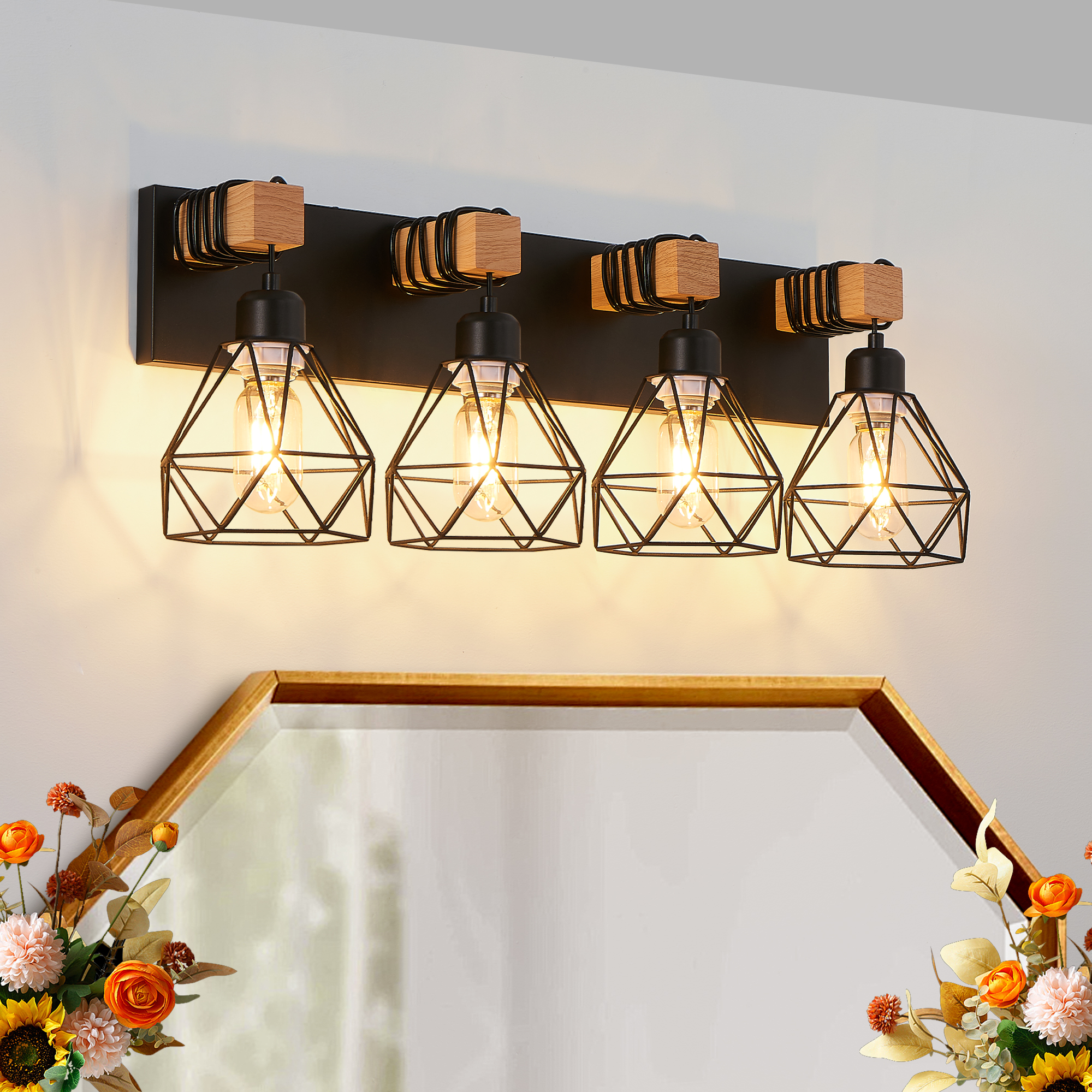 24" Modern Geometric 4-Light Vanity Light Fixture with Black Metal, Wooden Accents and Cage Lampshade for Bathroom, Bedroom, or Living Room (Bulb Not Included)