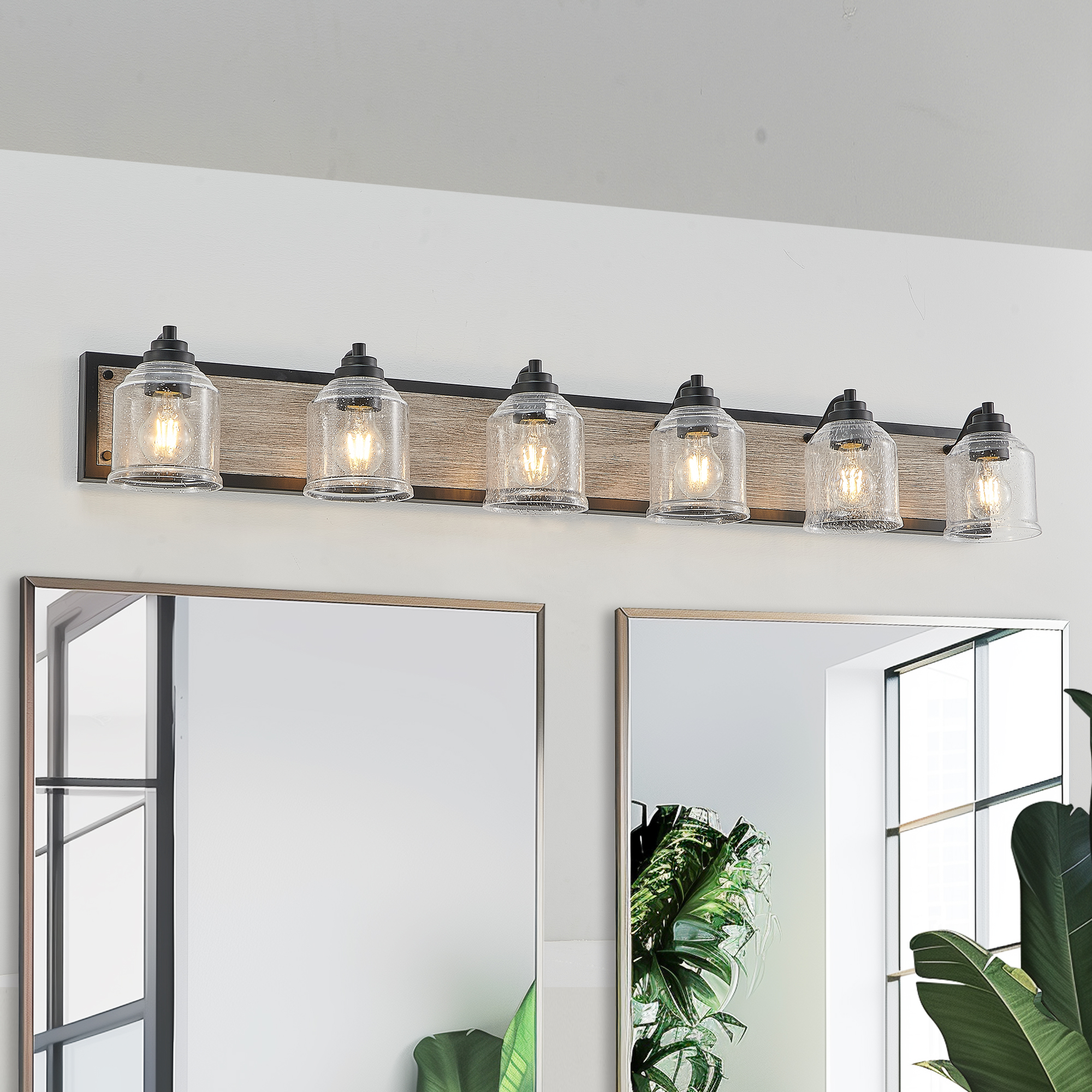 49" Farmhouse Vanity Light Fixture, 6-Light Bathroom Wall Sconce with Clear Seeded Glass Shades, Black and Wood Grain Finish, Modern Industrial Design for Bathroom or Powder Room (No Bulbs)