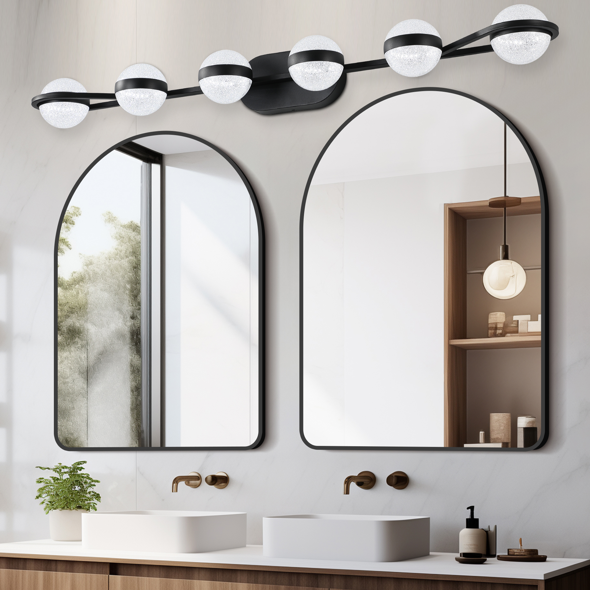 43" Black Minimalist LED Bathroom Vanity Light with Crystal Sand Acrylic Shades,6-Light Wall Mounted Decorative Lighting Fixture, Suitable for Bathroom Vanity Mirror