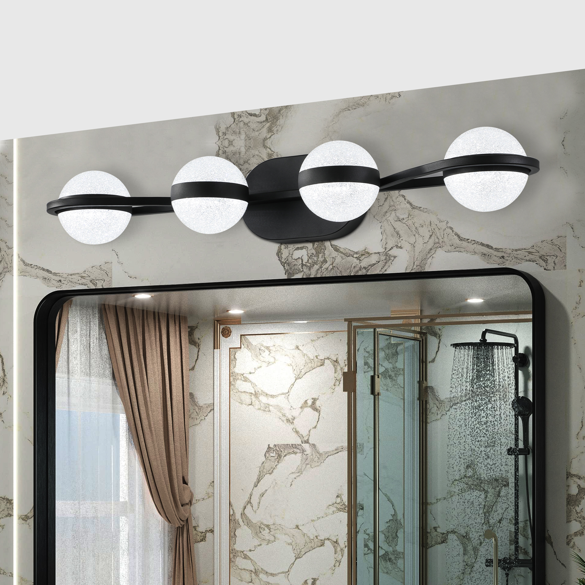 30" Black Minimalist LED Bathroom Vanity Light with Crystal Sand Acrylic Shades, 4-Light Wall Mounted Decorative Lighting Fixture, Suitable for Bathroom Vanity Mirror