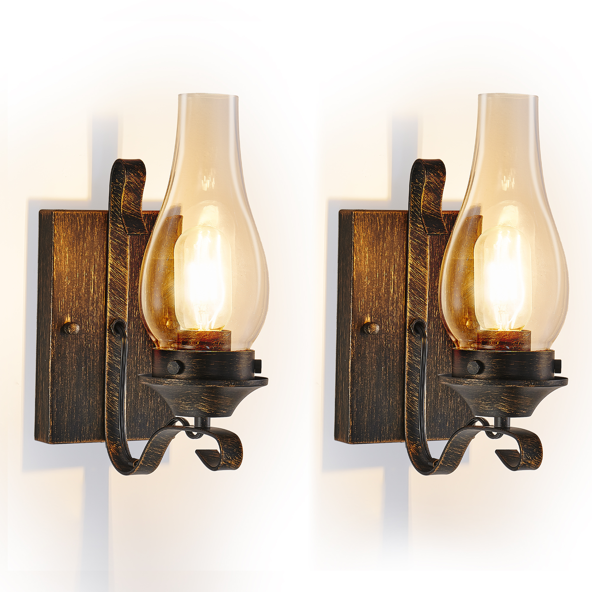 (Only Supports Hardwired) Rustic Farmhouse Wall Sconces Set of 2, Vintage Industrial Plug-in Wall Lights with Clear Glass Shade, Black and Gold Finish for Bedroom, Living Room, or Hallway (No Bulbs)