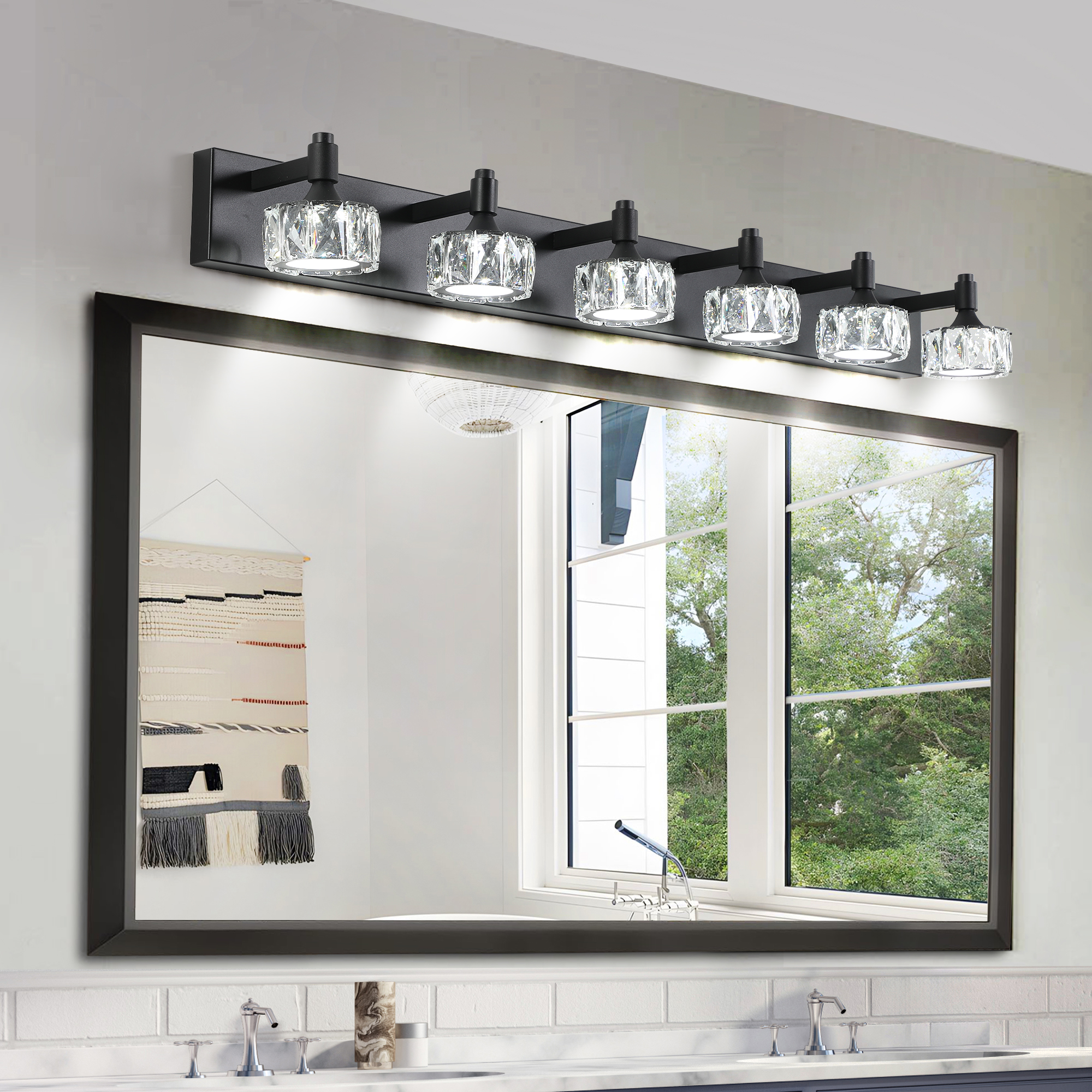 Modern 6-Light Matte Black LED Vanity Light Fixture with Crystal Glass Shades, Bathroom Wall Sconce for Elegant and Contemporary Home Decor
