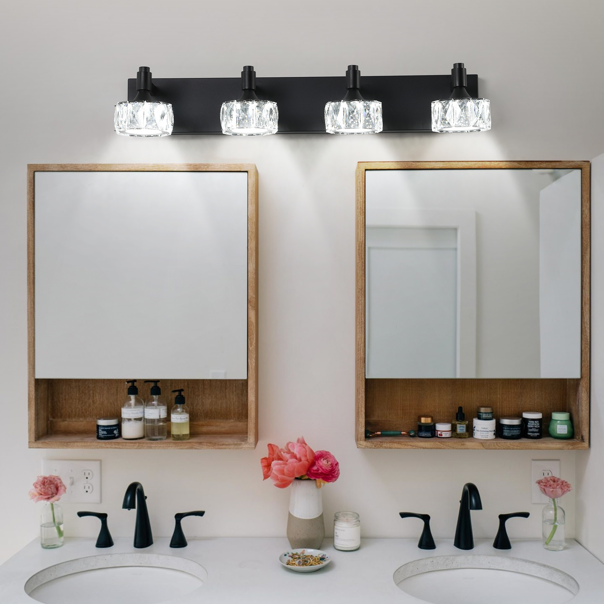 Modern 4-Light Matte Black LED Vanity Light Fixture with Crystal Glass Shades, Bathroom Wall Sconce for Elegant and Contemporary Home Decor