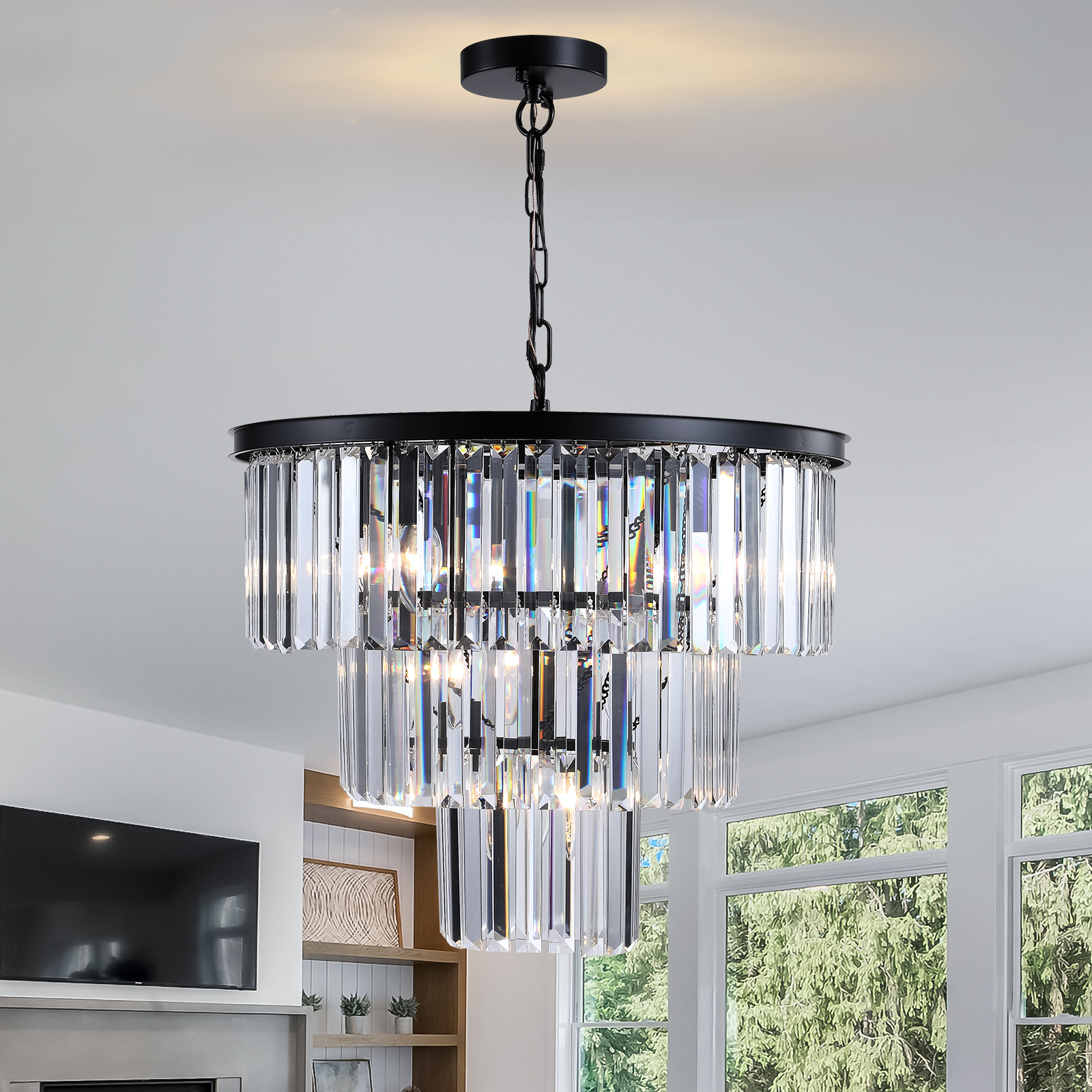 20" Luxury 3-Tier Crystal Chandelier, 7-Light Black Frame Pendant Light, Elegant Ceiling Lighting for Living Room, Dining Room, Bedroom (No Bulbs)