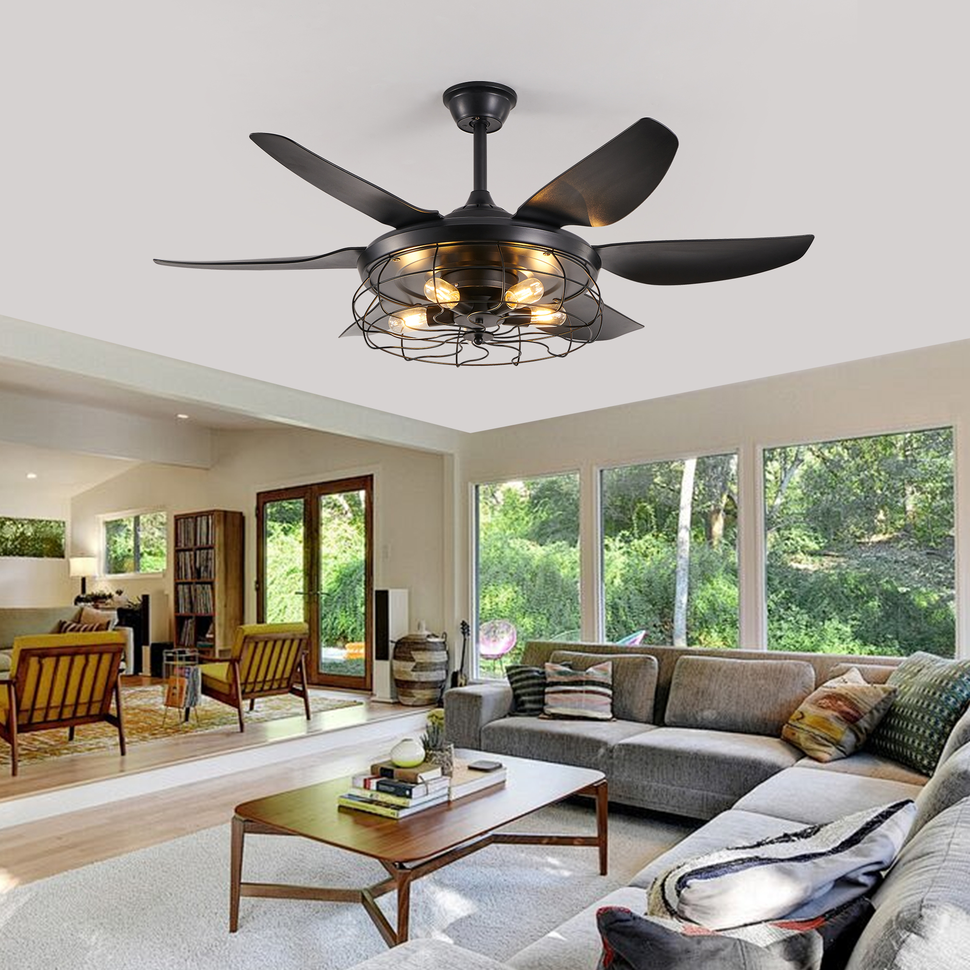 52" Modern Black Ceiling Fan with Light, 6 Fan Blades and Industrial Cage Design, Adjustable Speed for Living Room, Bedroom, Dining Room (Silent/6-Speed/Reversible/DC Motor) (Bulb Not Included)