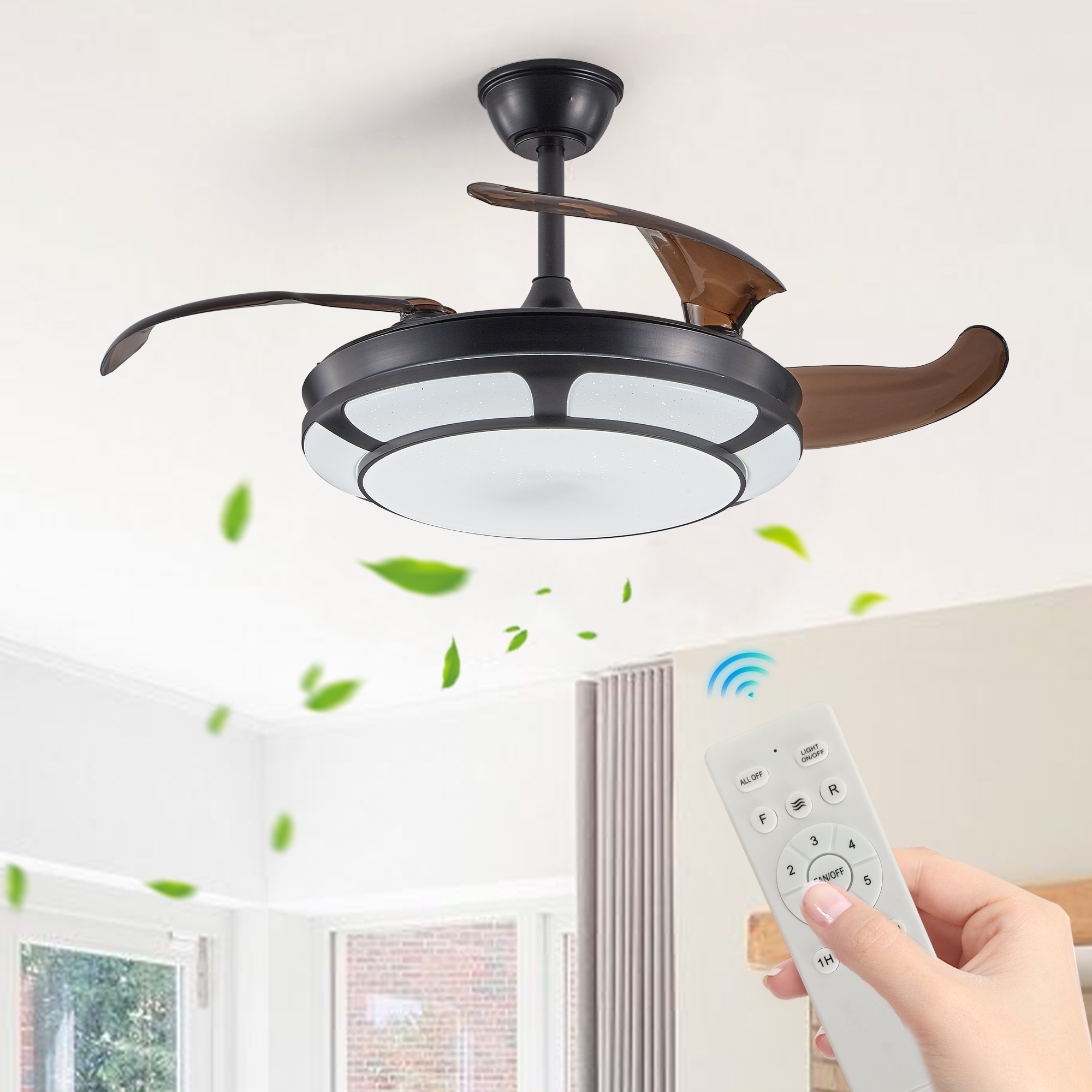 42" Retractable Ceiling Fan with Light, Modern LED Chandelier Fan with Remote Control, 6 Speed Adjustable Blades, Quiet DC Motor, Dimmable Lighting for Living Room, Bedroom, Dining Room