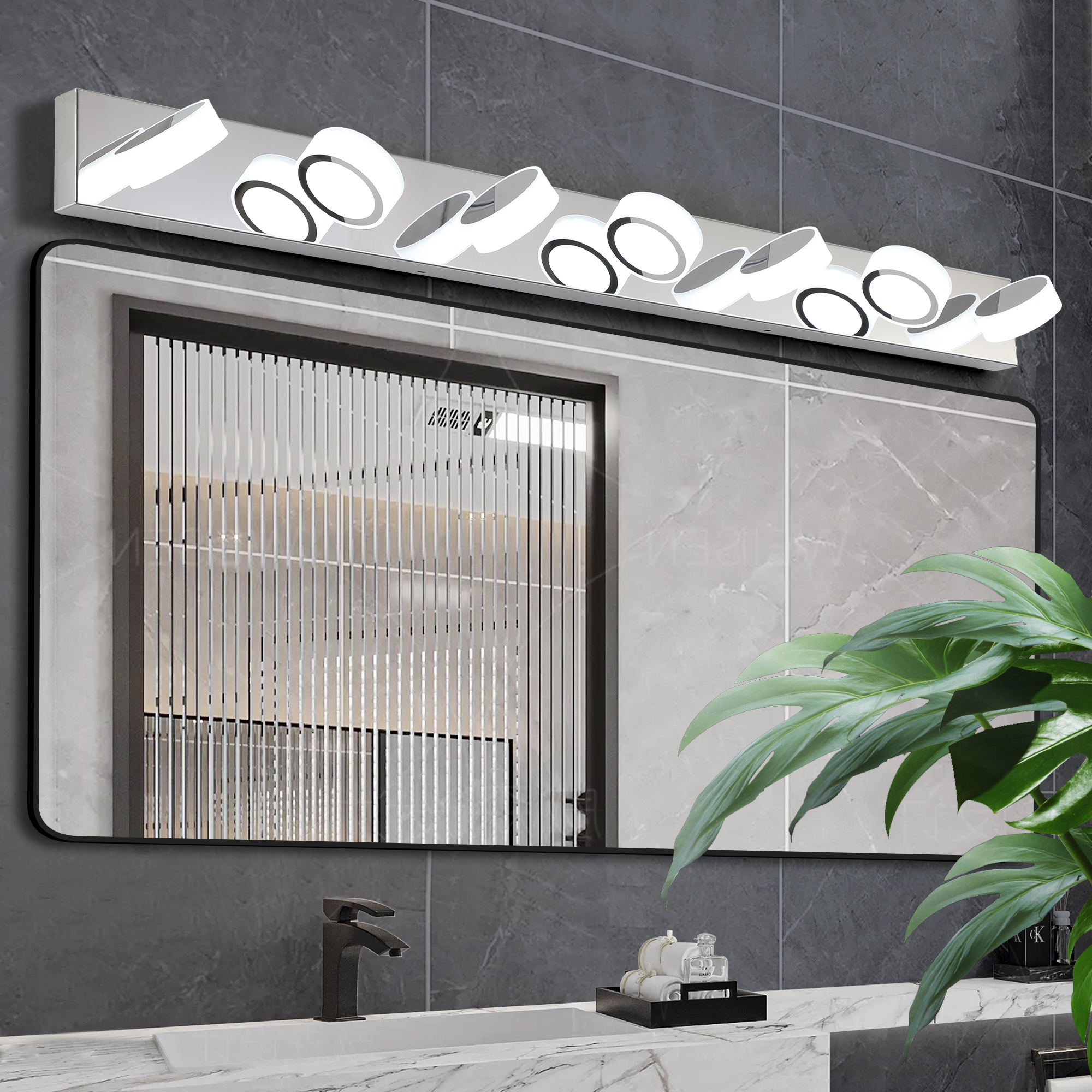52" Modern 7-Light LED Vanity Light Fixture - Chrome Finish with Acrylic Light Shades - Energy-Efficient Bathroom Wall Sconce - Dimmable for Mirror, Shower, and Bathroom Decor