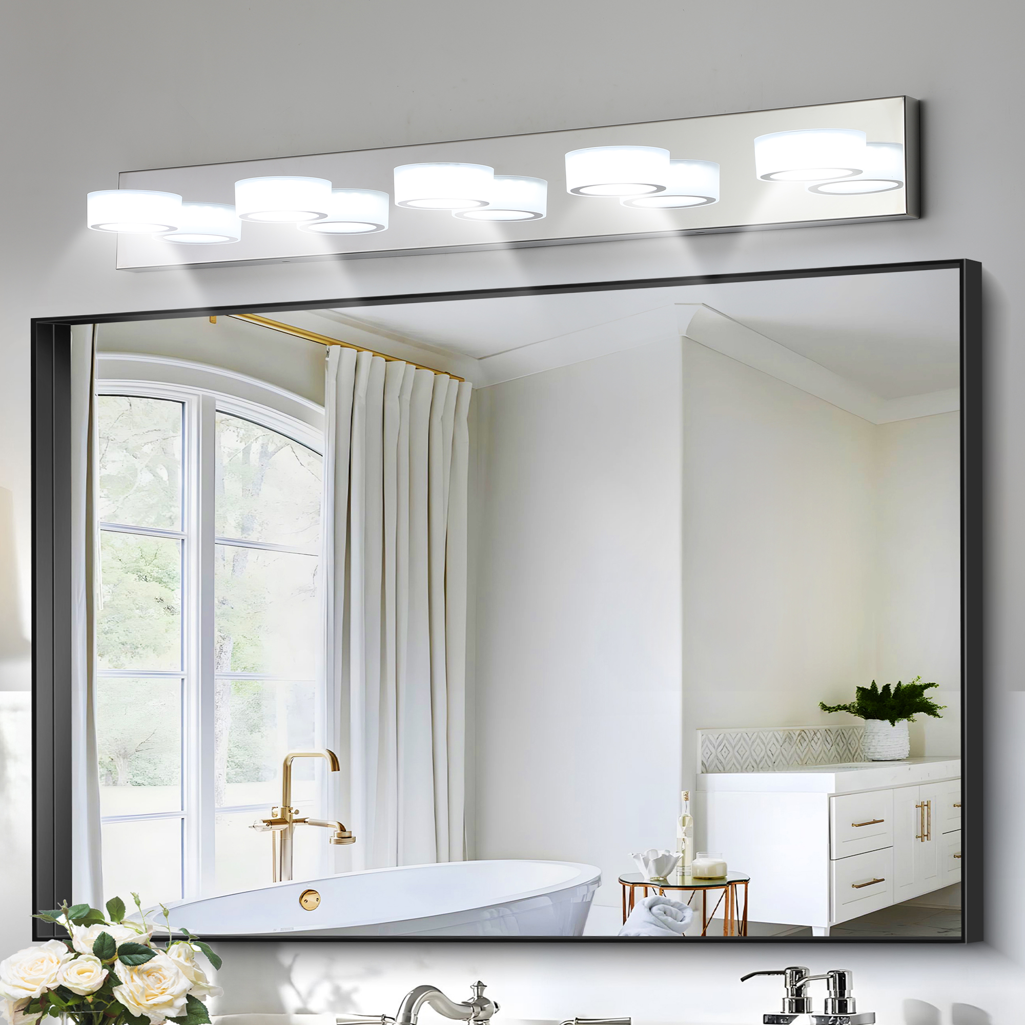 37" Modern 5-Light LED Vanity Light Fixture - Chrome Finish with Acrylic Light Shades - Energy-Efficient Bathroom Wall Sconce - Dimmable for Mirror, Shower, and Bathroom Decor