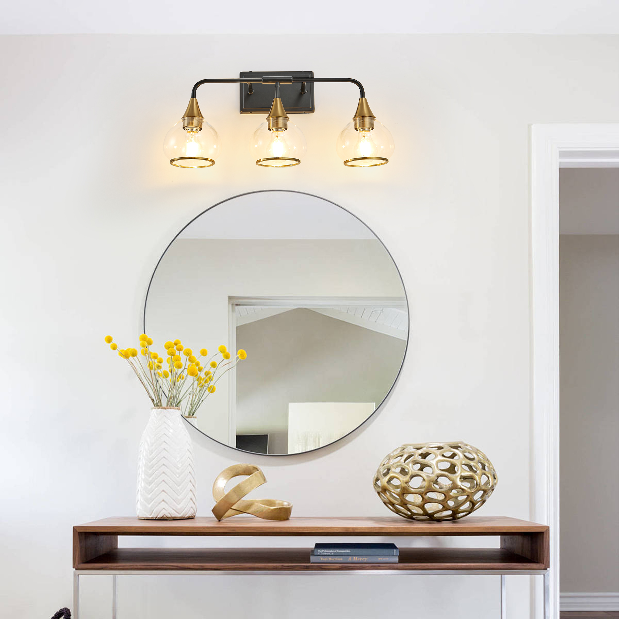 23" Modern 3-Light Vanity Wall Sconce - Black and Gold Bathroom Light Fixture with Clear Glass Shades, Industrial Wall Mounted Lamp for Mirror, Vanity, and Living Spaces (Bulb Not Included)