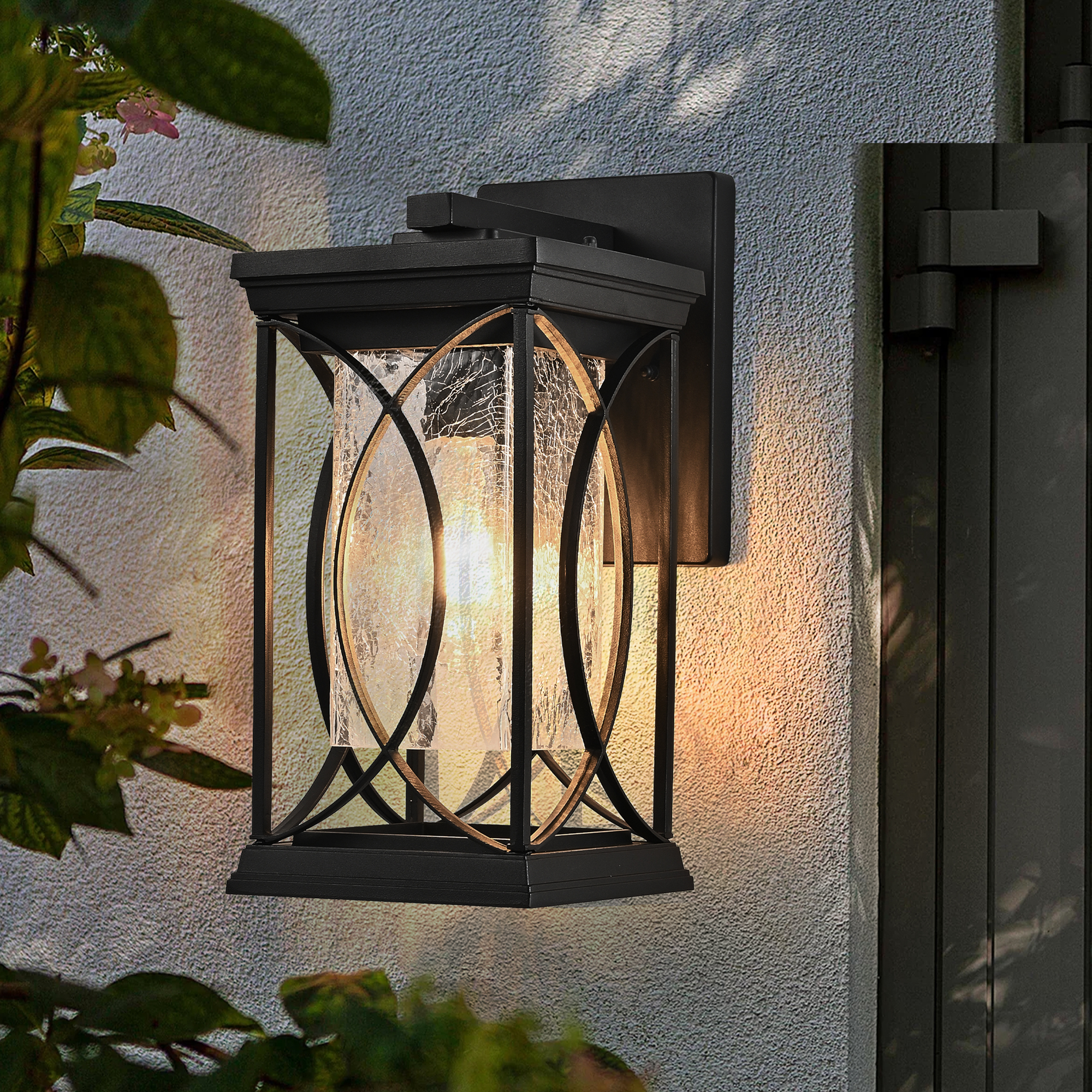 14"(H) 1-pack Black Outdoor Wall Lantern with Crackled Glass, Weather-Resistant Exterior Light Fixture for Porch, Patio, and Entryway, Modern Decorative Wall Sconce with E26 Base (Bulb Not Included)