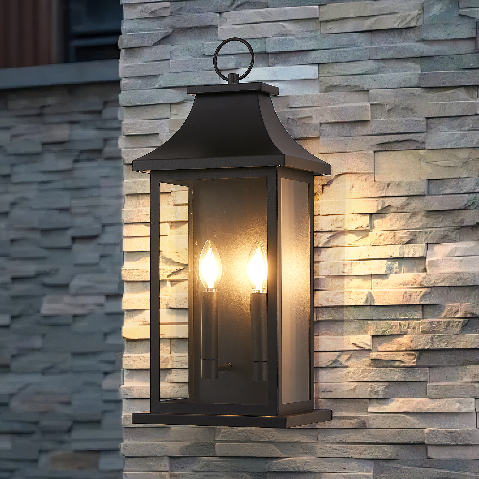 Outdoor Wall Lantern 2-Light, 22" Large Outside Wall Sconce, Modern Black Wall Light Fixture with Glass, Waterproof Exterior Lamp for House, Porch, Garage (Bulbs Not Included)