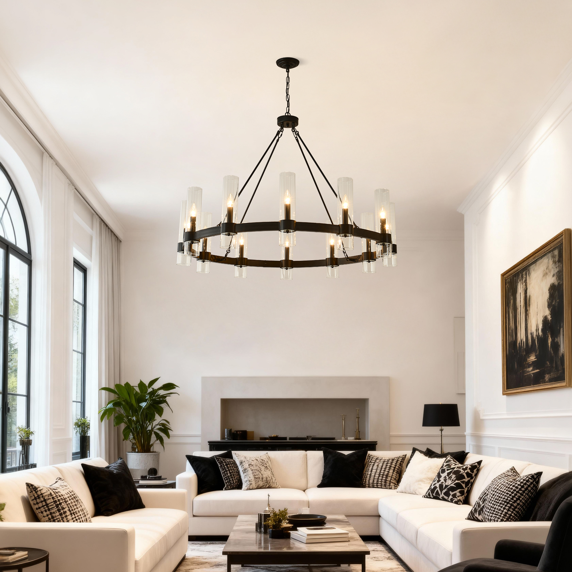 43.3''Matte Black Wagon Wheel Chandelier With 12 Lights (No Bulbs)