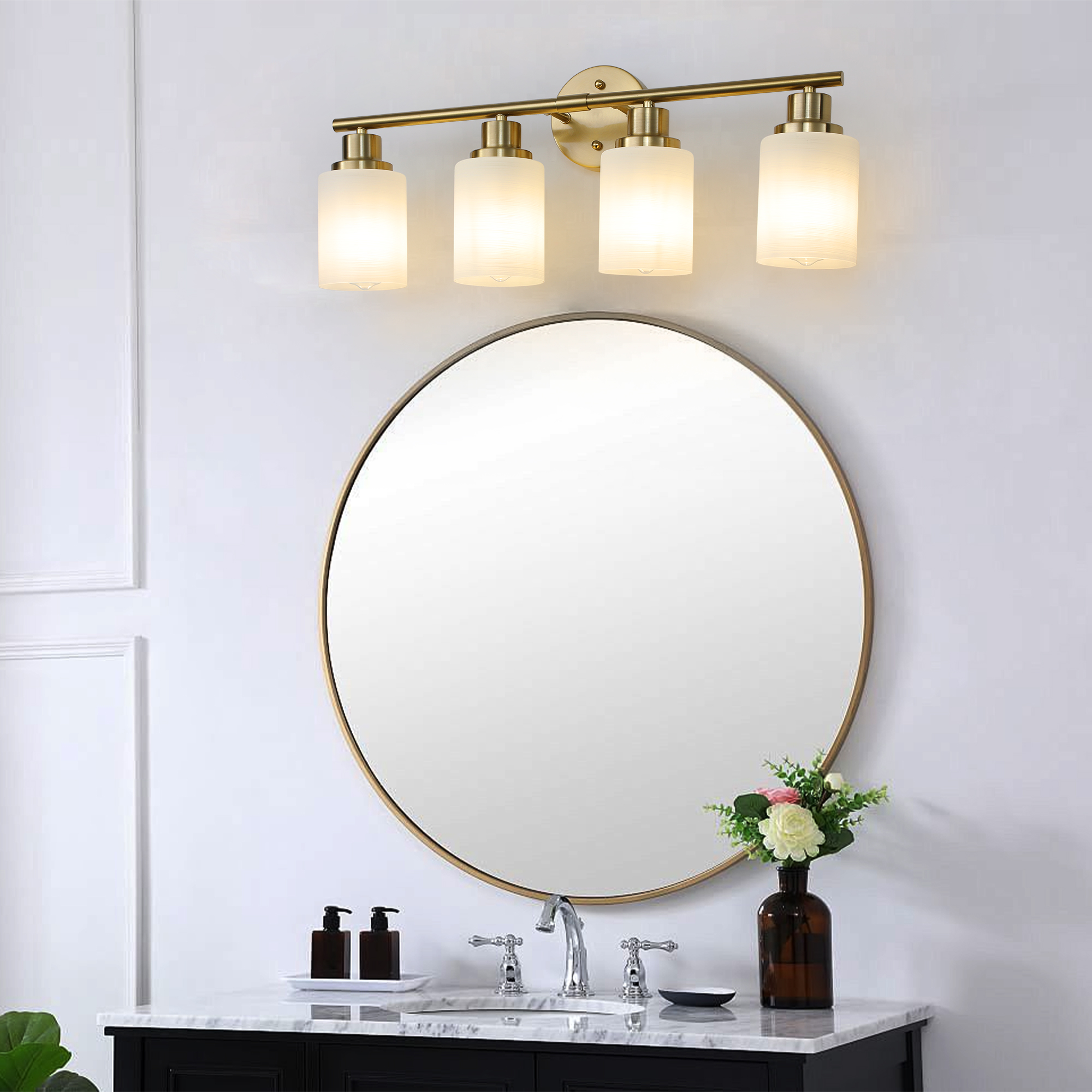 24" Modern 4-Light Vanity Wall Sconce, Golden Finish with Frosted Glass Shades for Bathroom or Hallway Lighting (No Bulbs)