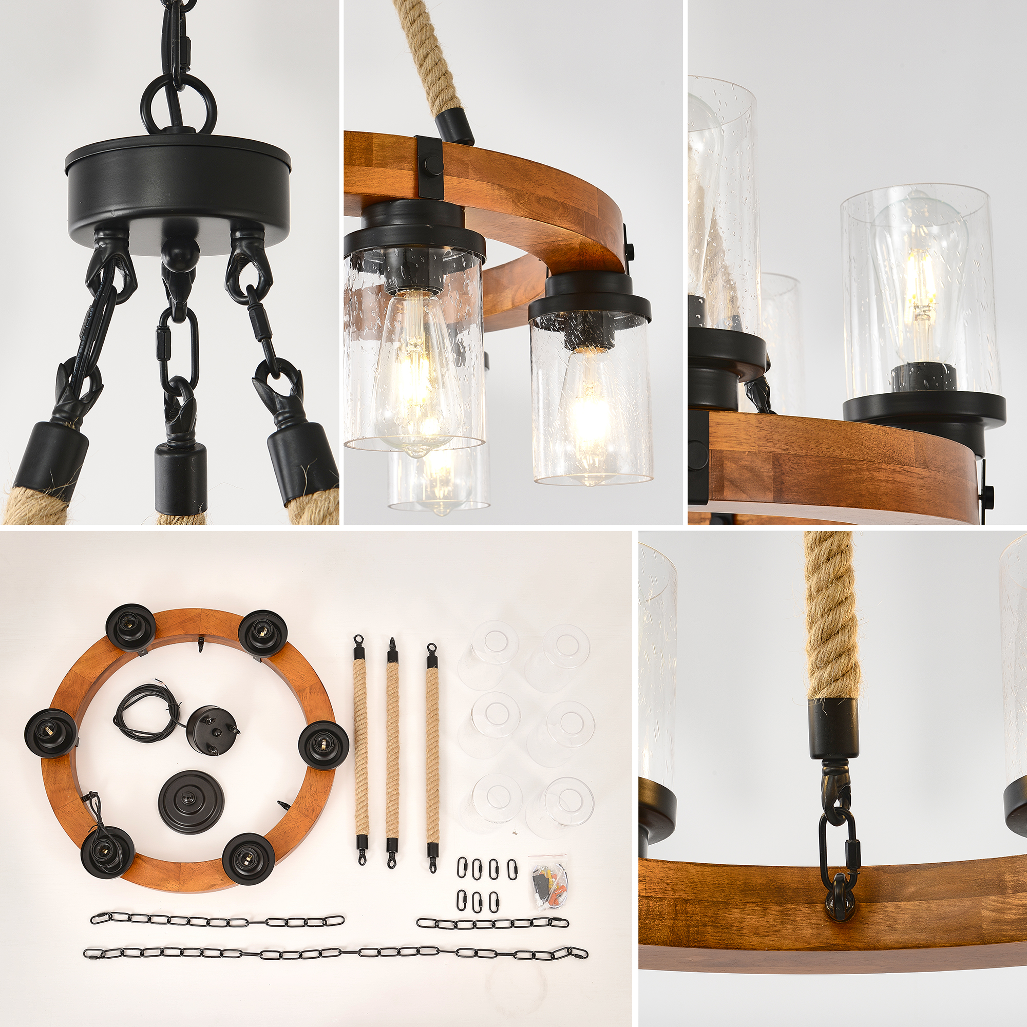 23.62 INCH Round Wood Pendant Light with Seeded  Glass Shade, Rustic 6-Light Wagon Wheel Chandelier,Farmhouse Chandeliers for Dining Room Kitchen Island Foyer Entryway (8 Light)--NO INCLUDED BULBS