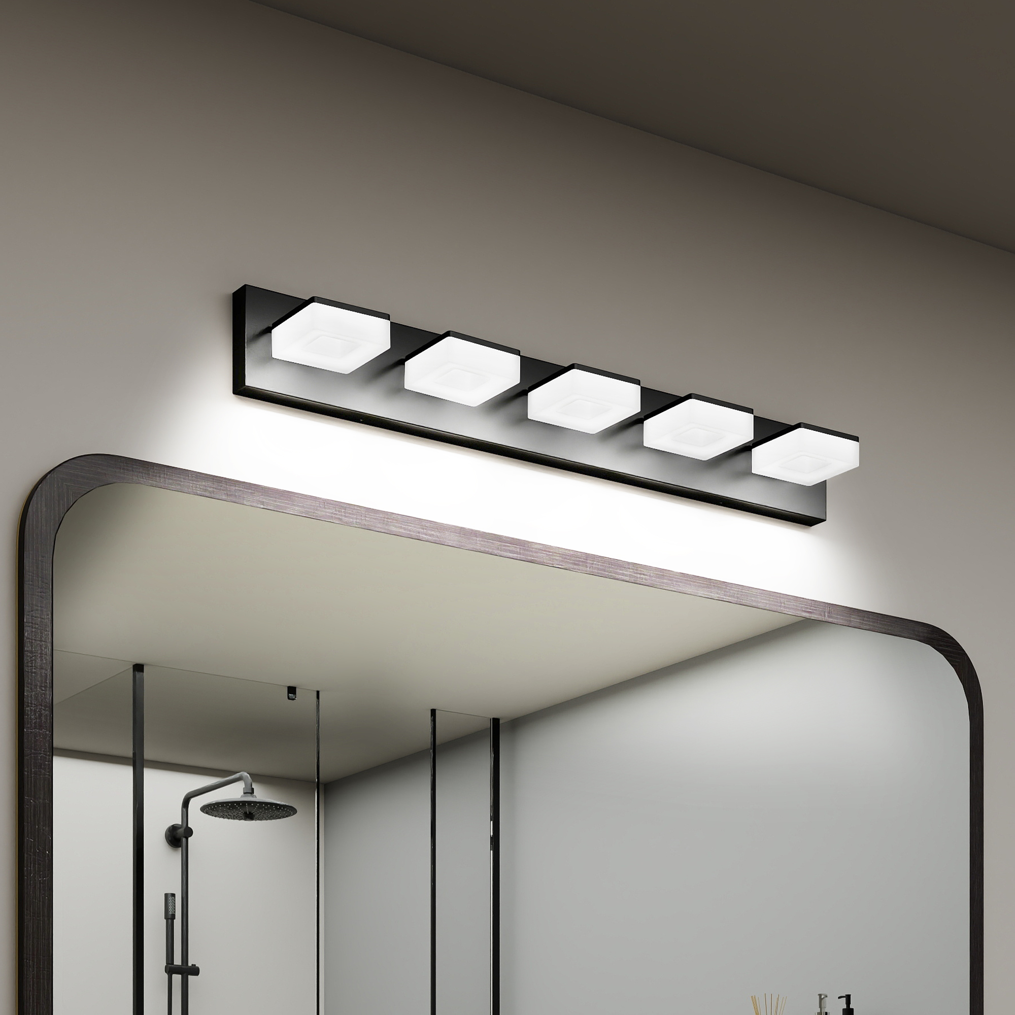 LED Modern Bathroom Vanity Light Fixtures (5-Light, 32-Inch), Matte Black Modern Acrylic Bathroom Wall Lighting Fixtures Over Mirror (Cool White 6000K)