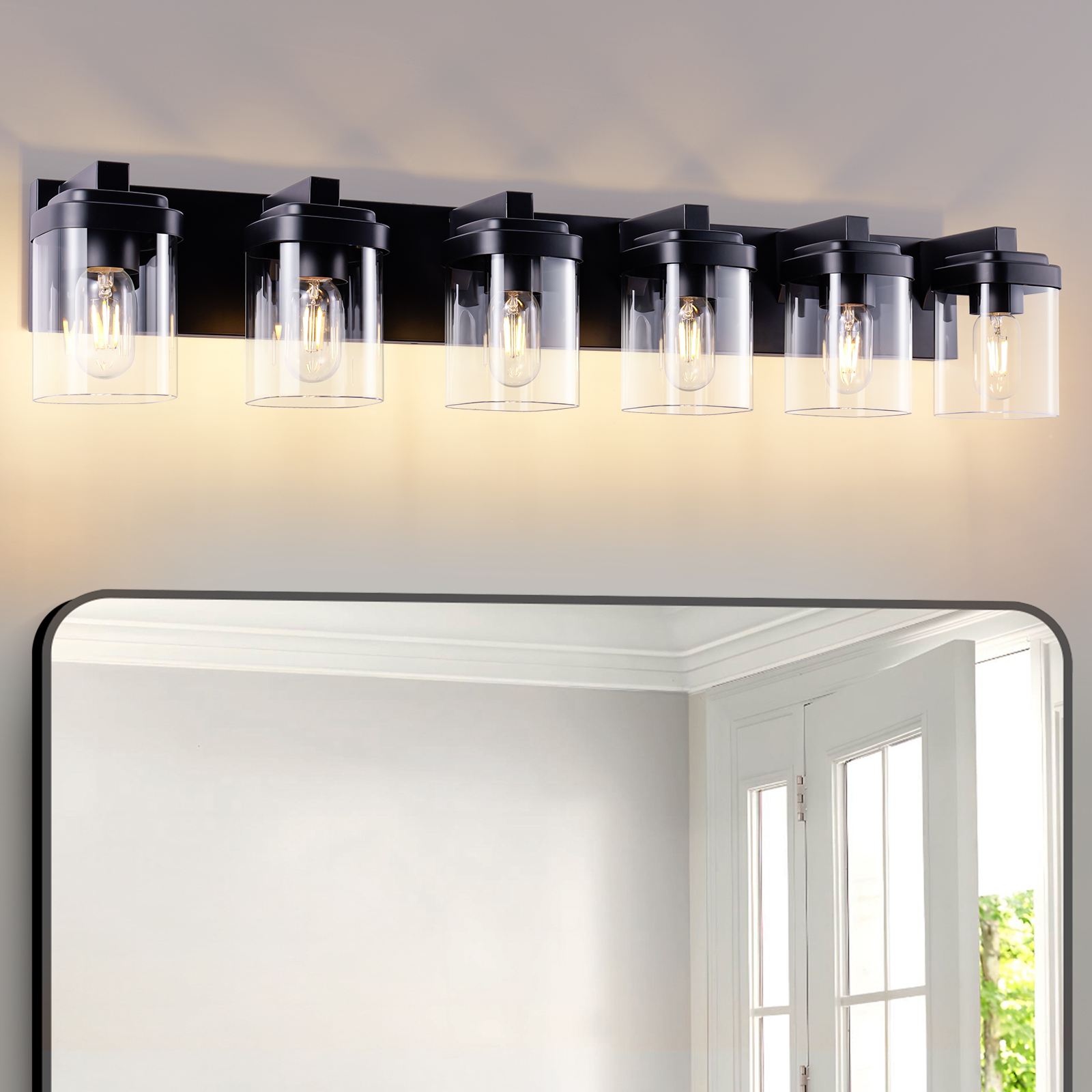 6 Light Bathroom Vanity Light, Matte Black Bathroom Light Fixtures with Clear Glass Shade, Vanity Light Fixtures Over Mirror for Bedroom Living Room(NO BULBS)