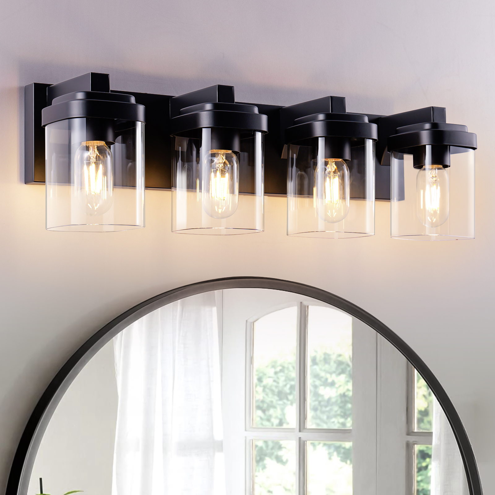 4 Light Bathroom Vanity Light, Matte Black Bathroom Light Fixtures with Clear Glass Shade, Vanity Light Fixtures Over Mirror for Bedroom Living Room(NO BULBS)